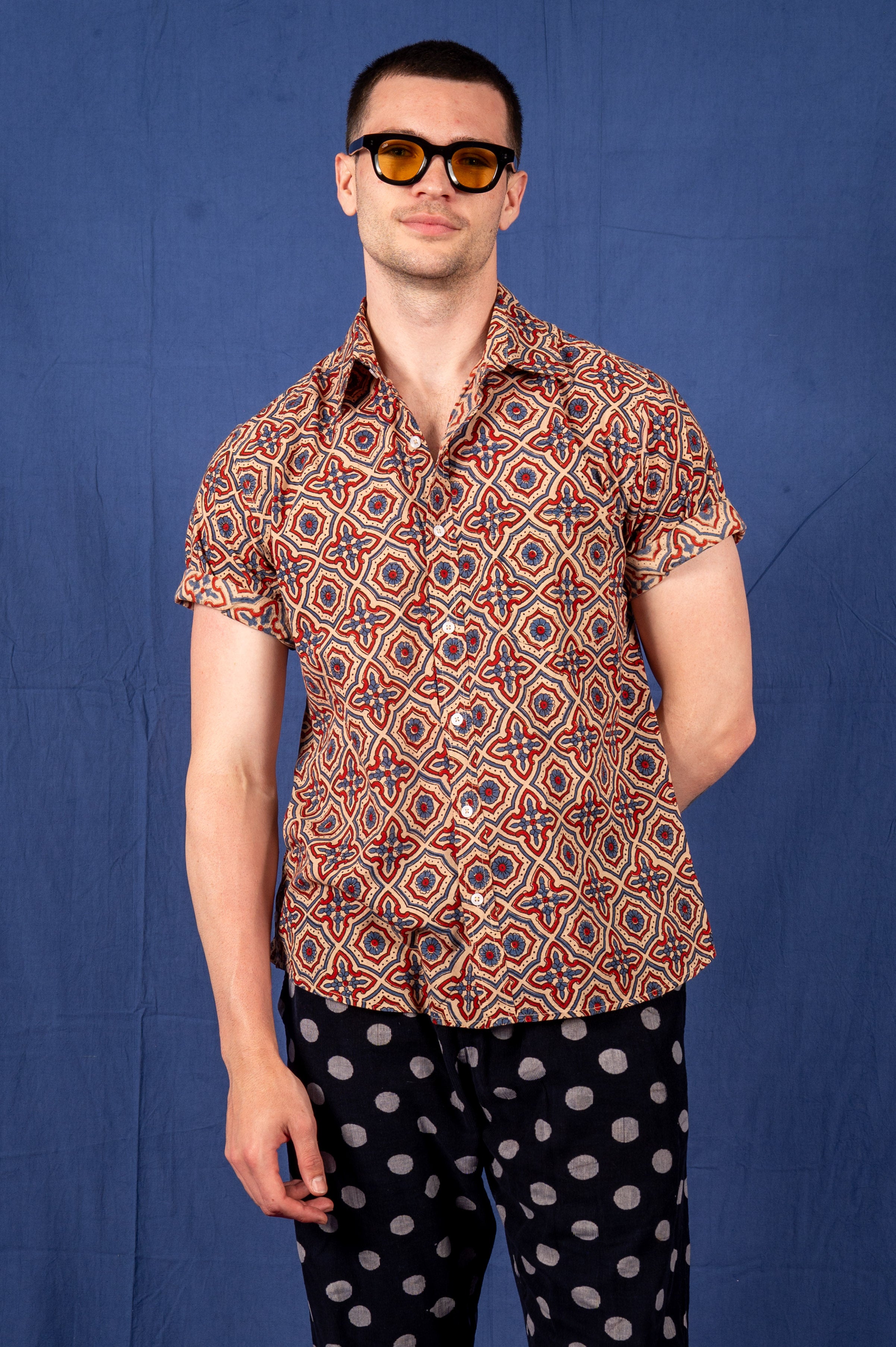Hand Printed 'The Folk' Short Sleeve Shirt in Ajrakh Diamond Print