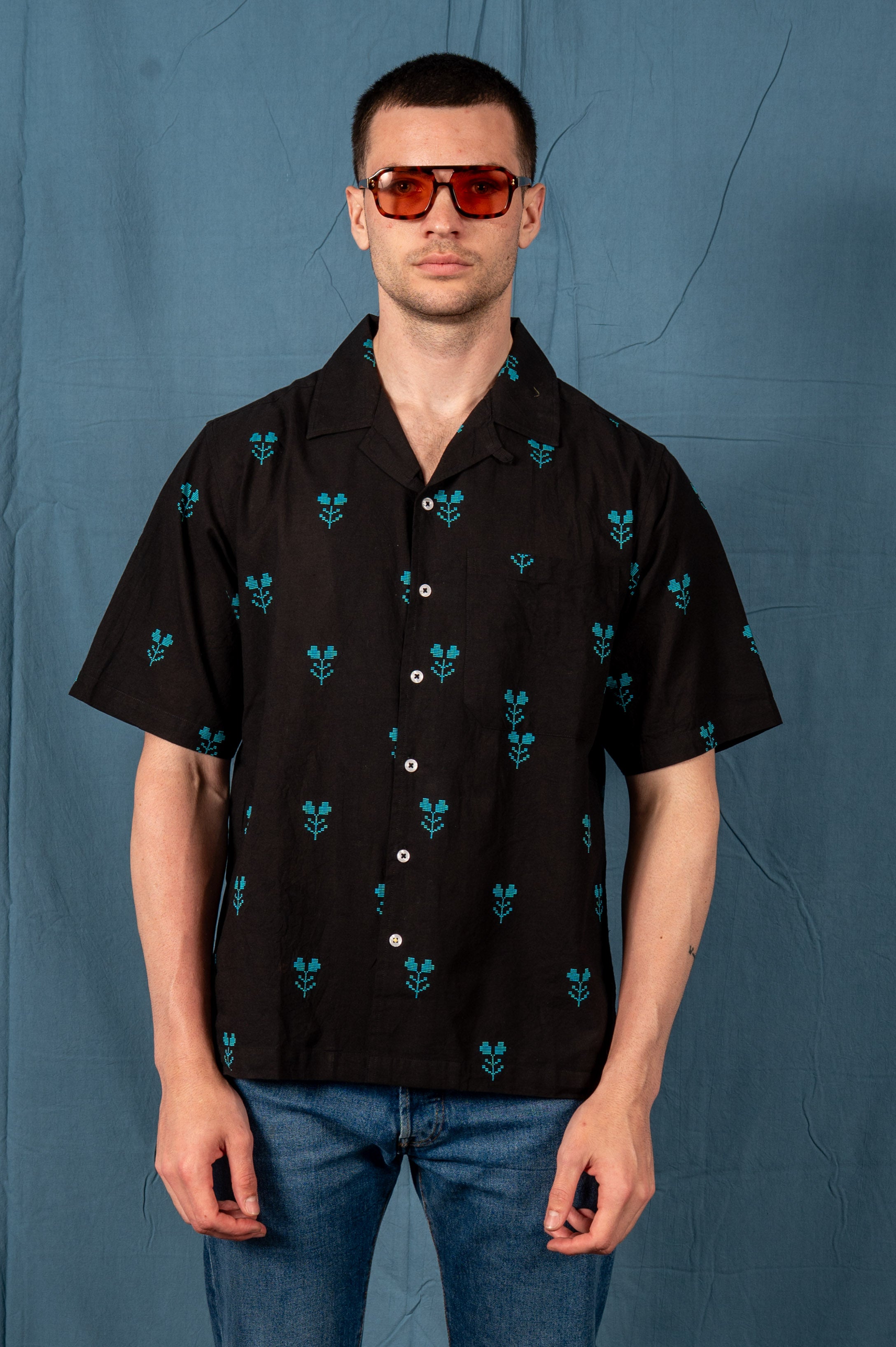 'The Don' Camp Shirt in Black and Turquoise Jamdani Embroidery