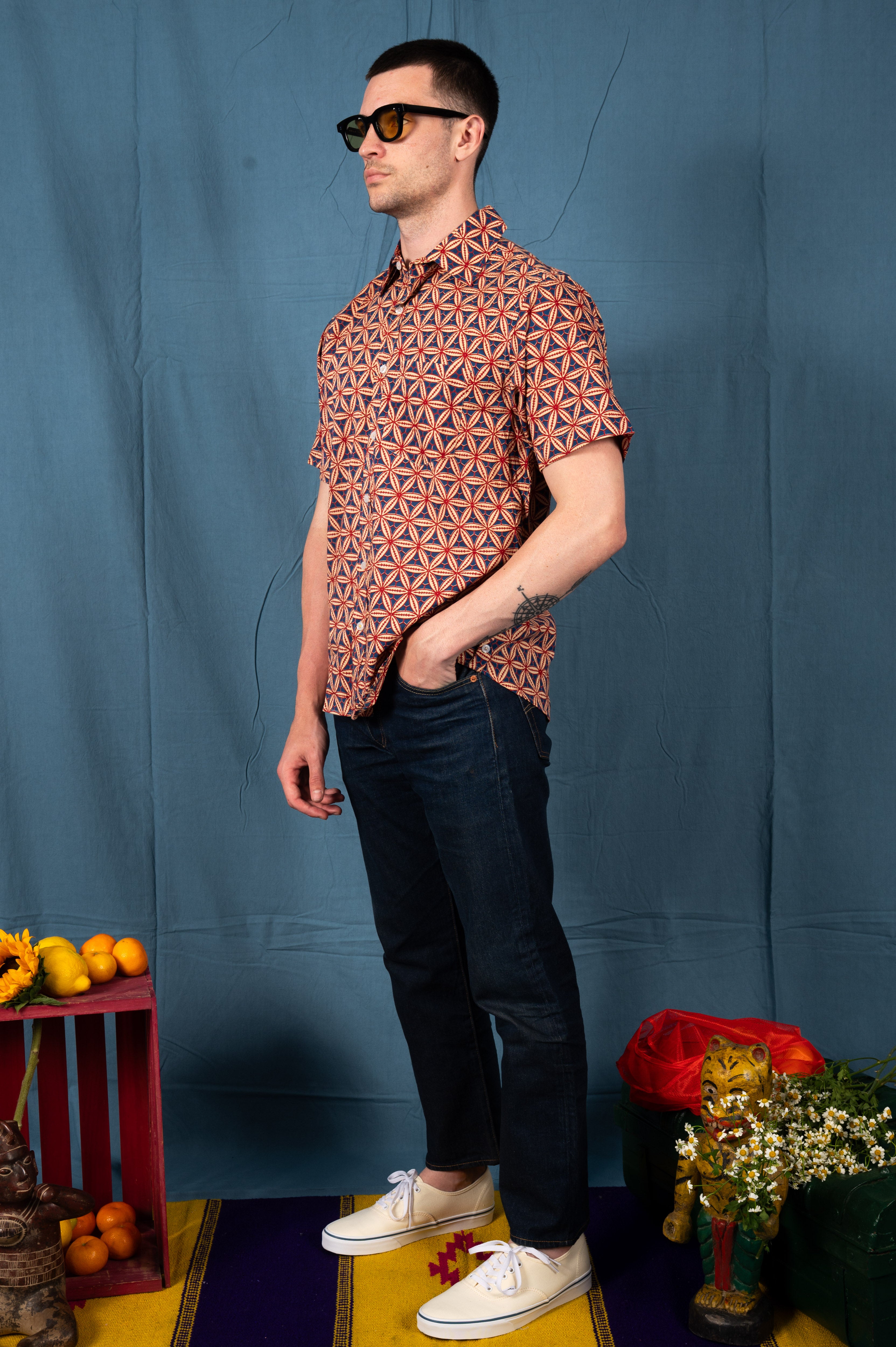 Hand Block Printed 'The Folk' Shirt in Baseball Print