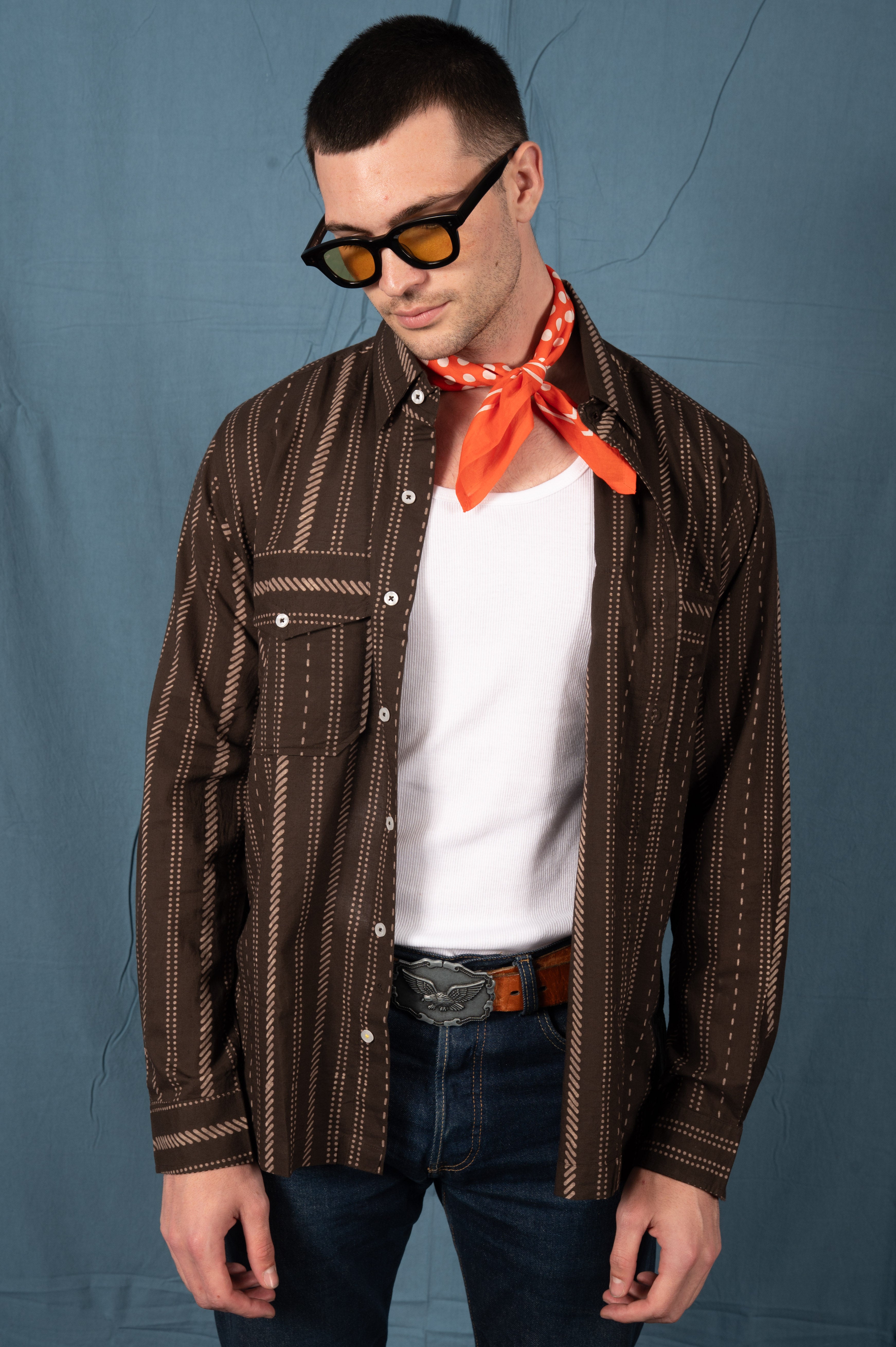 Hand Printed 'Jesse' Shirt in Chocolate Stripes