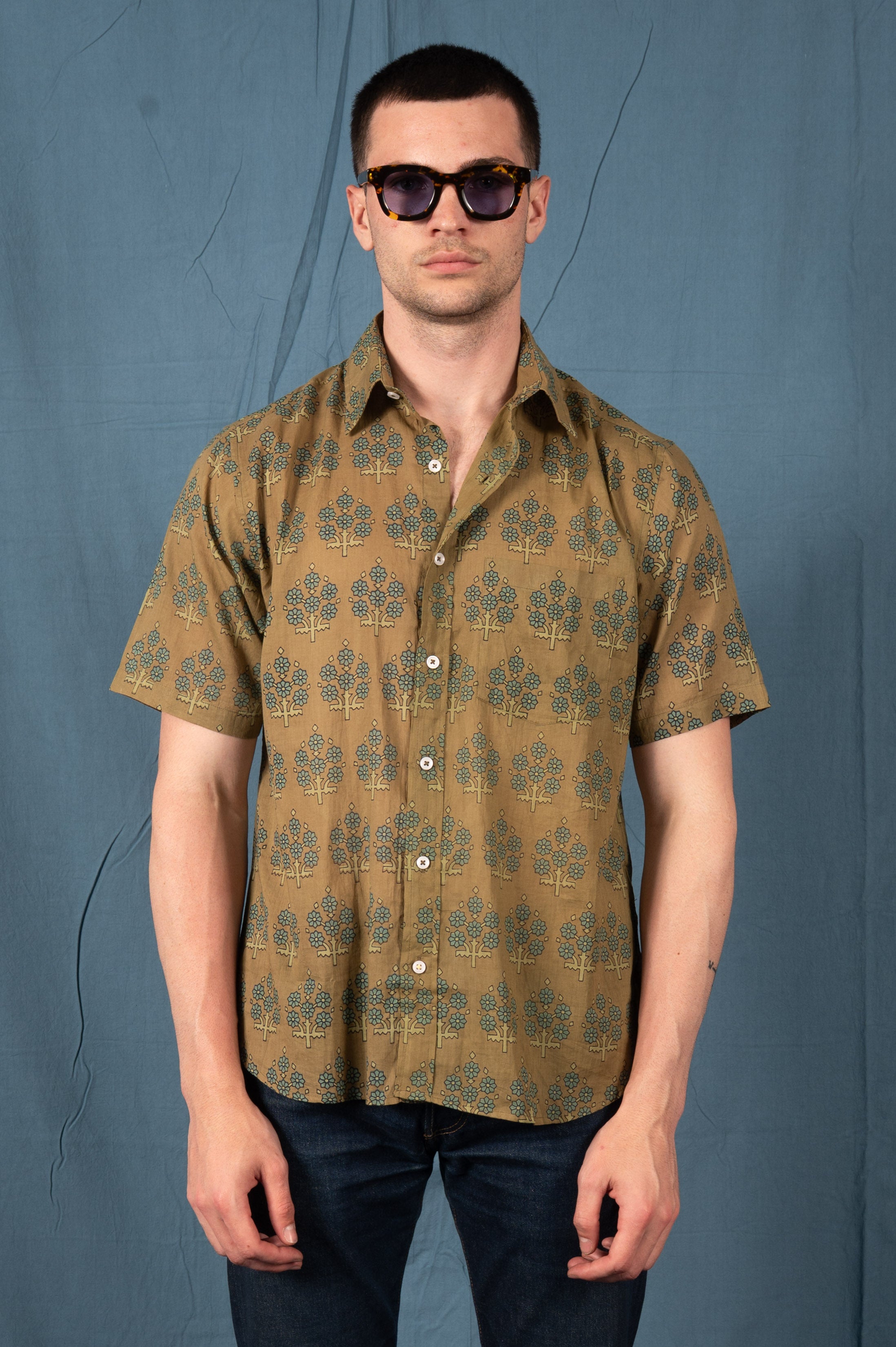 Hand Printed 'The Folk' Short Sleeve Shirt in Olive and Blue Leaf