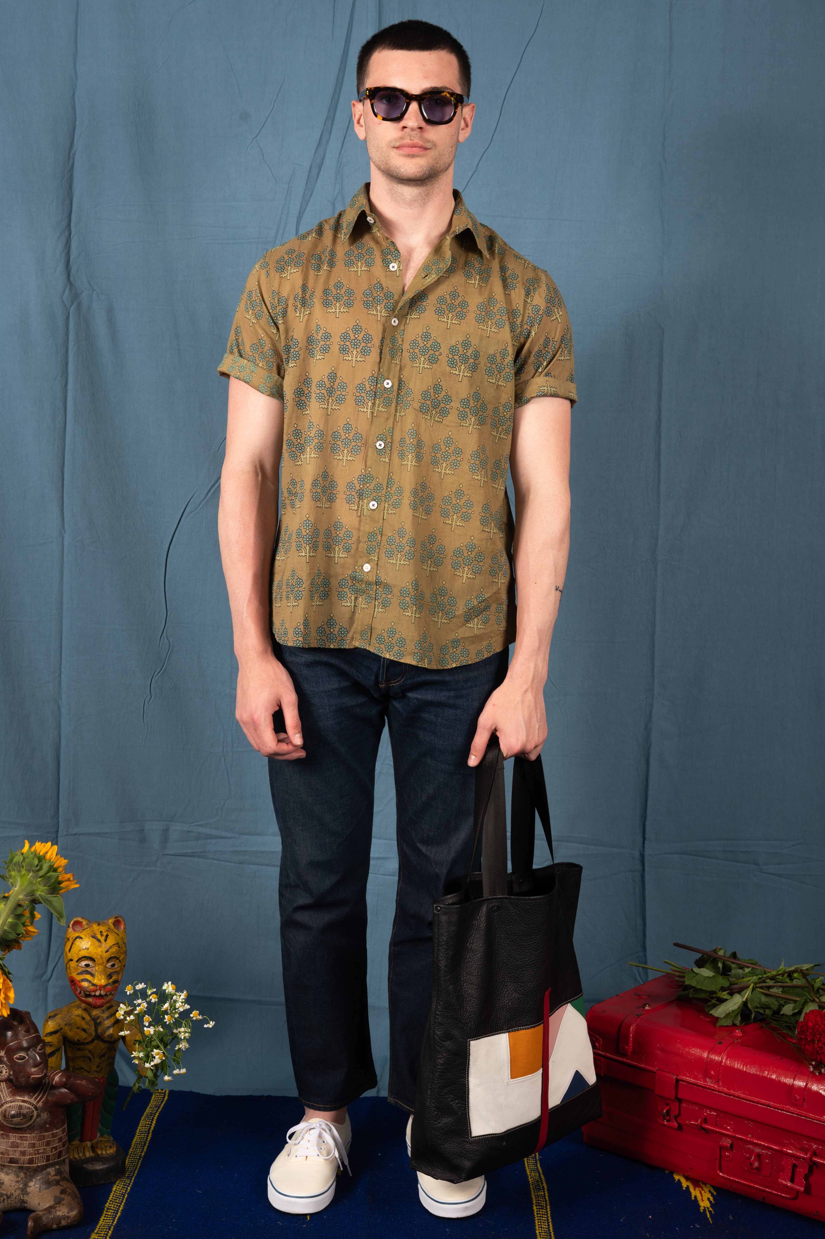 Hand Printed 'The Folk' Short Sleeve Shirt in Olive and Blue Leaf