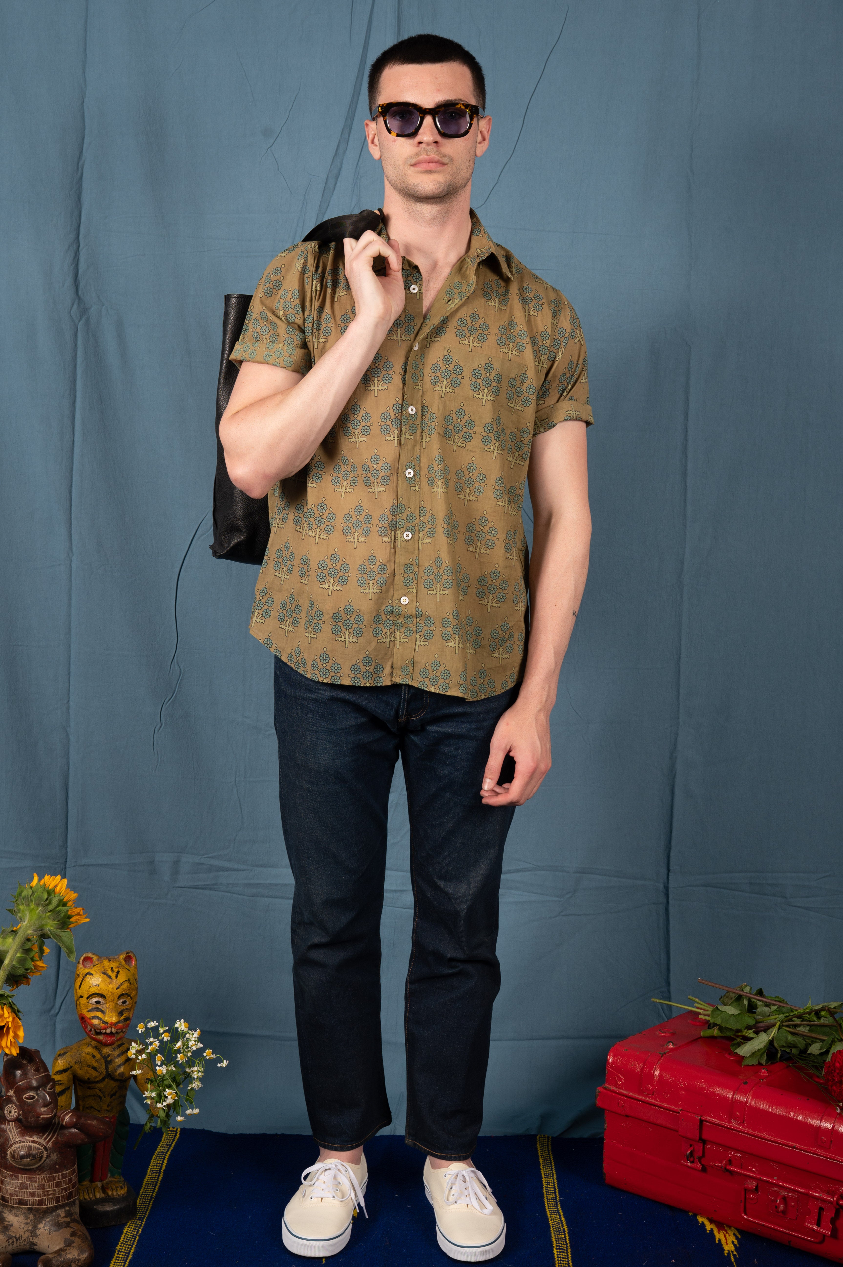 Hand Printed 'The Folk' Short Sleeve Shirt in Olive and Blue Leaf