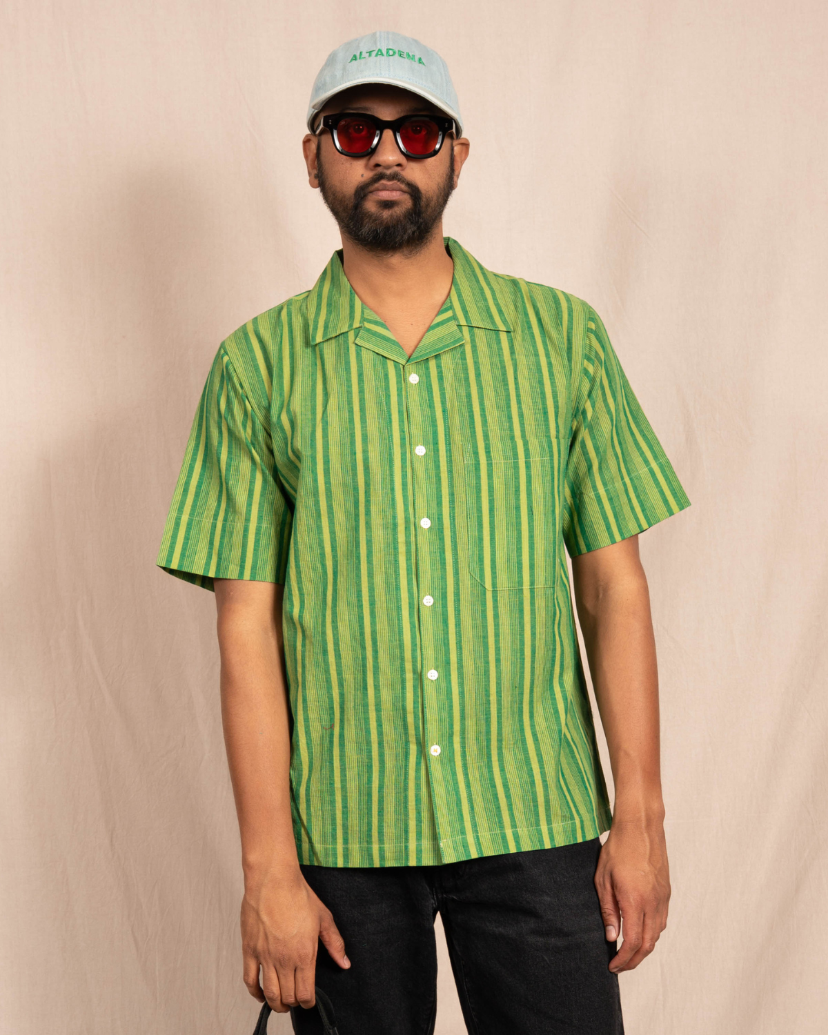 'The Nero' Camp Shirt in Green and White Stripes