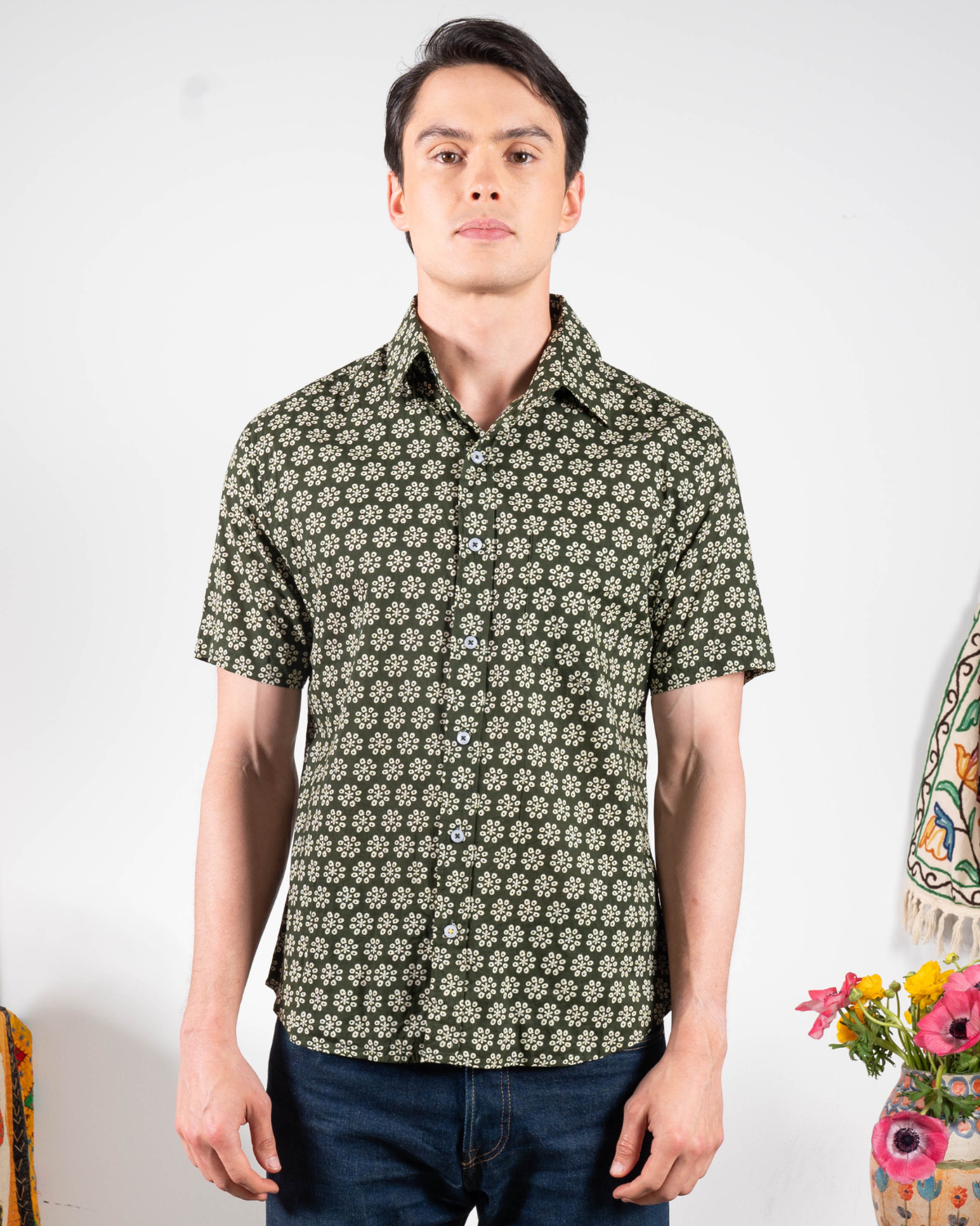 'The Folk' Shirt in Olive Octagon Print