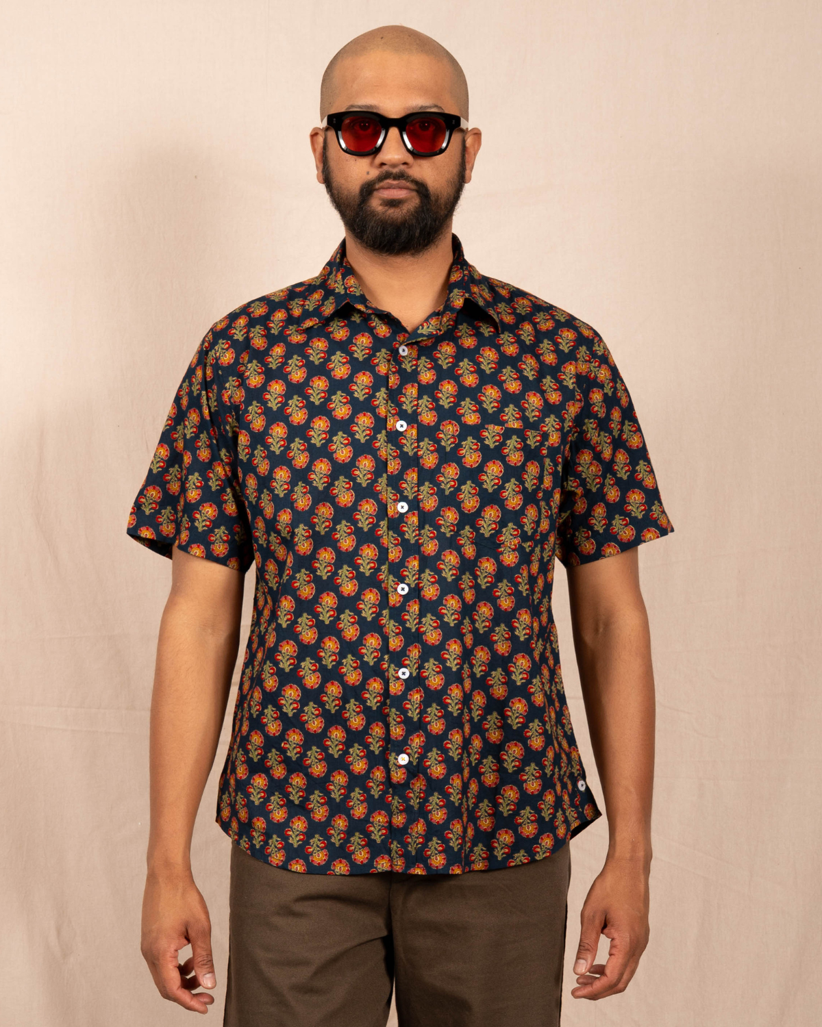 'The Folk' Shirt in Navy and Red Floral Print