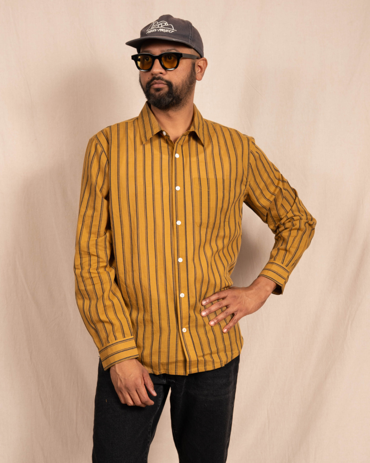 'The Brady' Long Sleeve Shirt in Mustard and Black Stripes