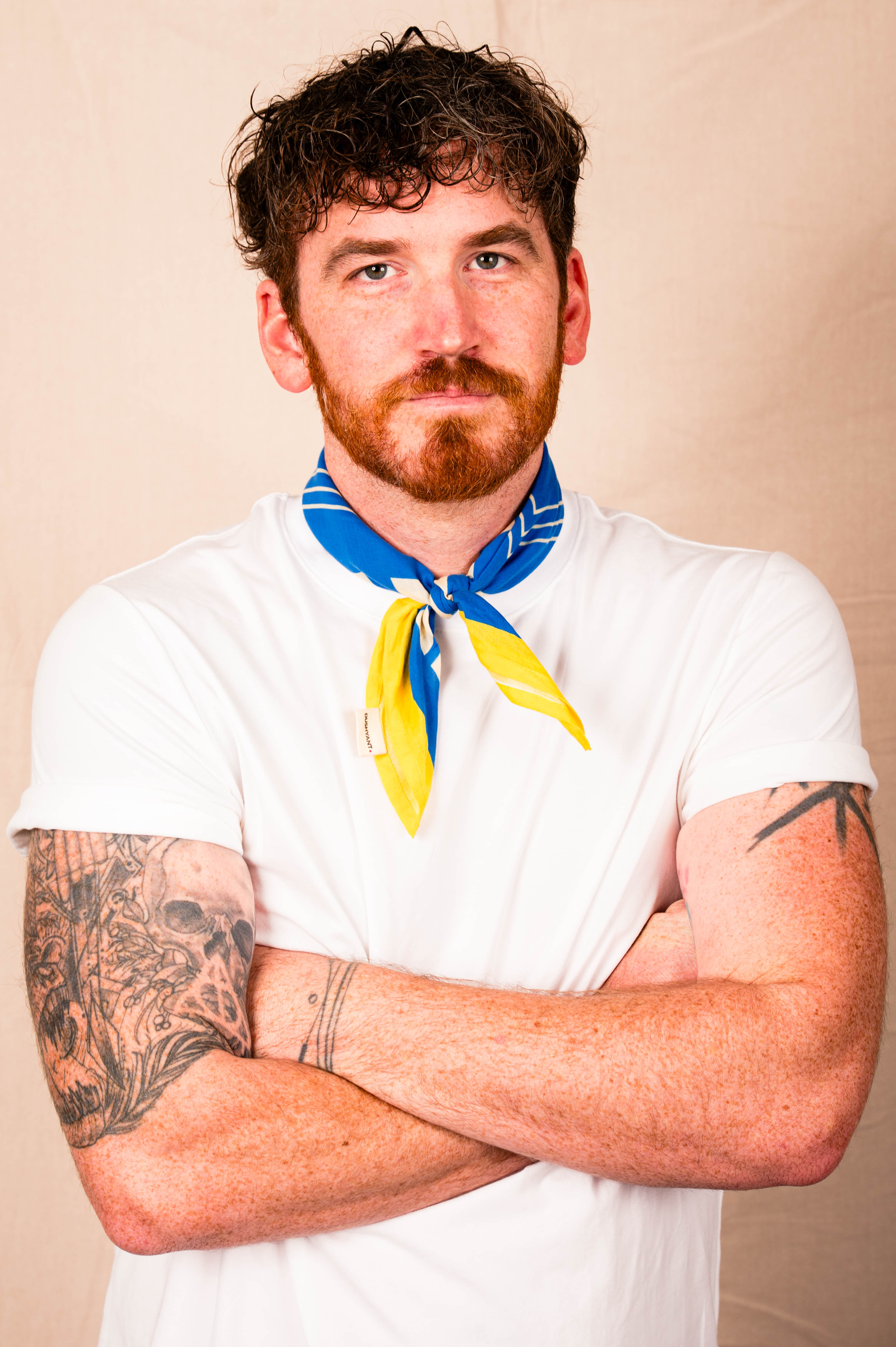 Archie Bandana No. 20 - Dots and Squares on Blue and Yellow