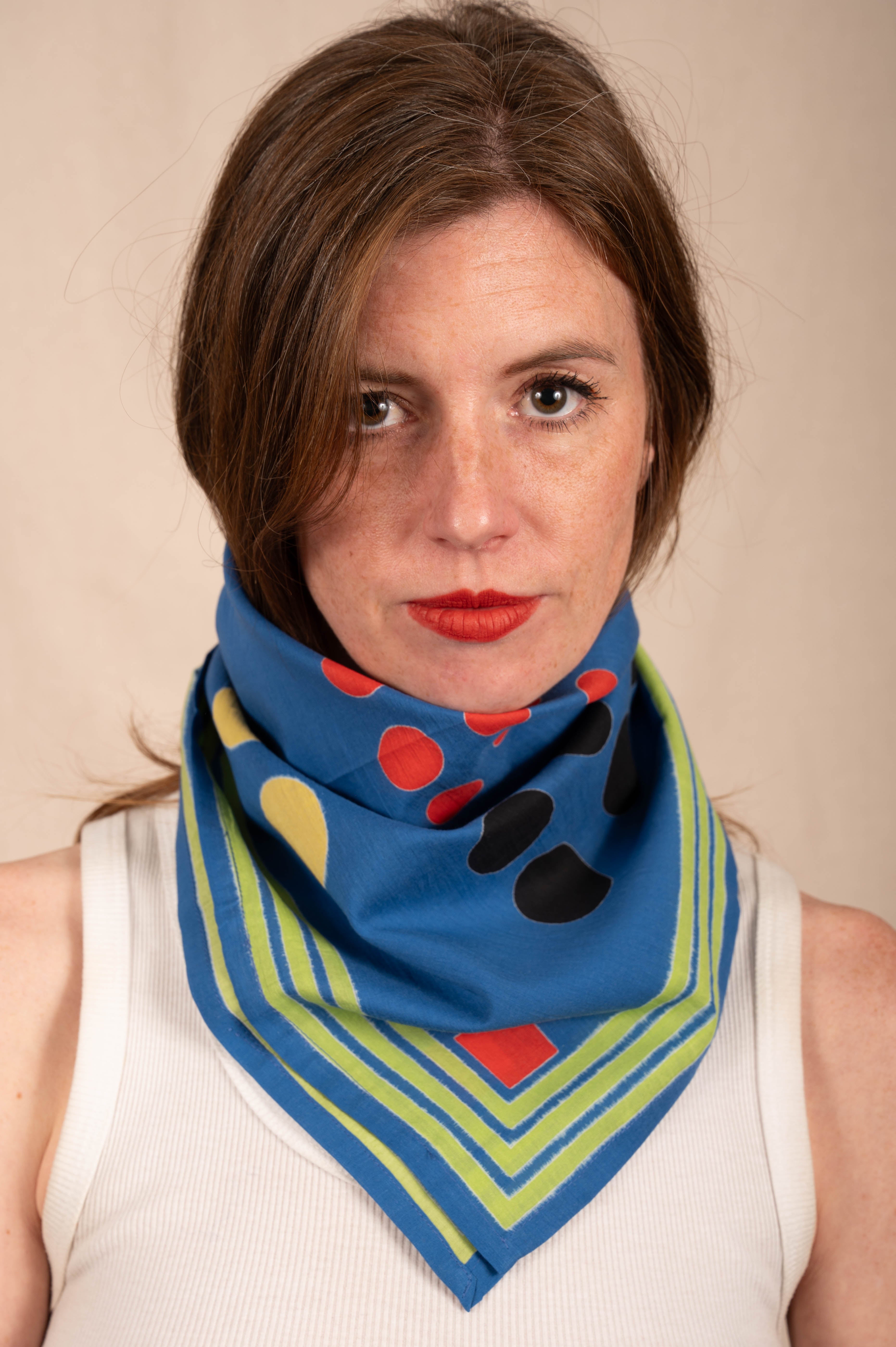 Archie Bandana No. 13 - Blue with Black, Red and Peach Art Print