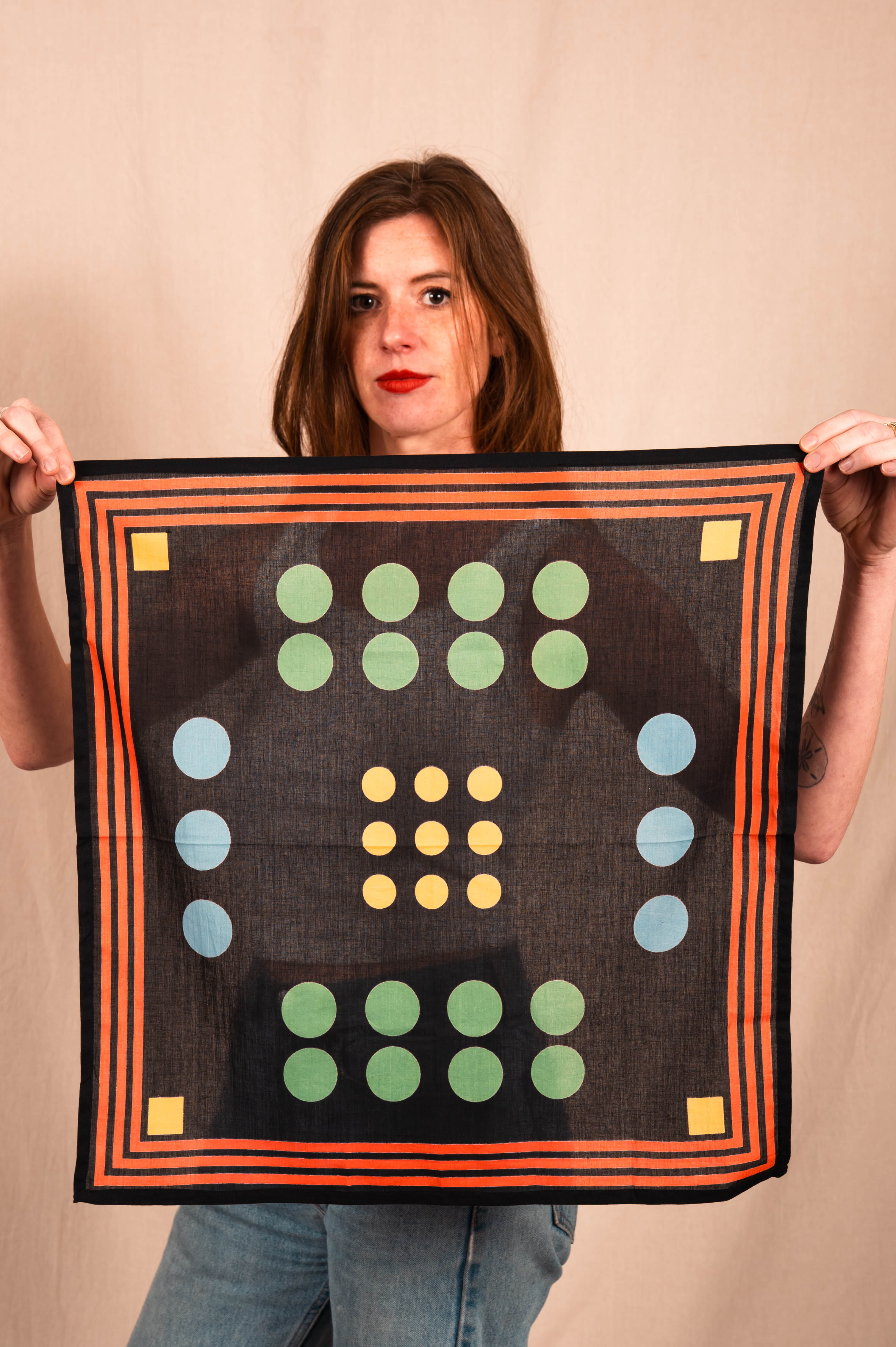 Archie Bandana No. 11 - Faded Black with Blue, Yellow and Green Dots Art Print