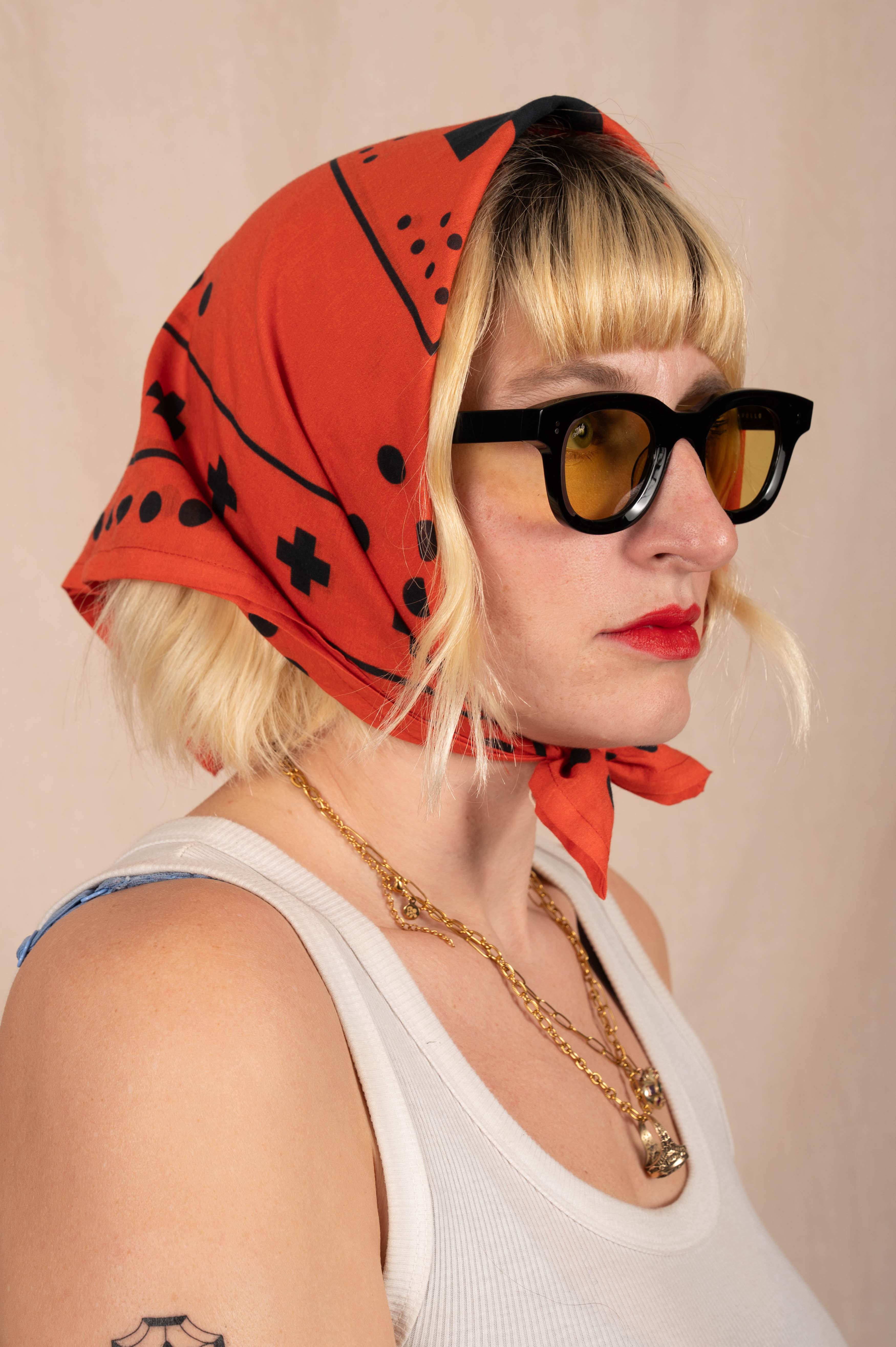 Archie Bandana No. 27 - Dots and Plus Sign on Rust