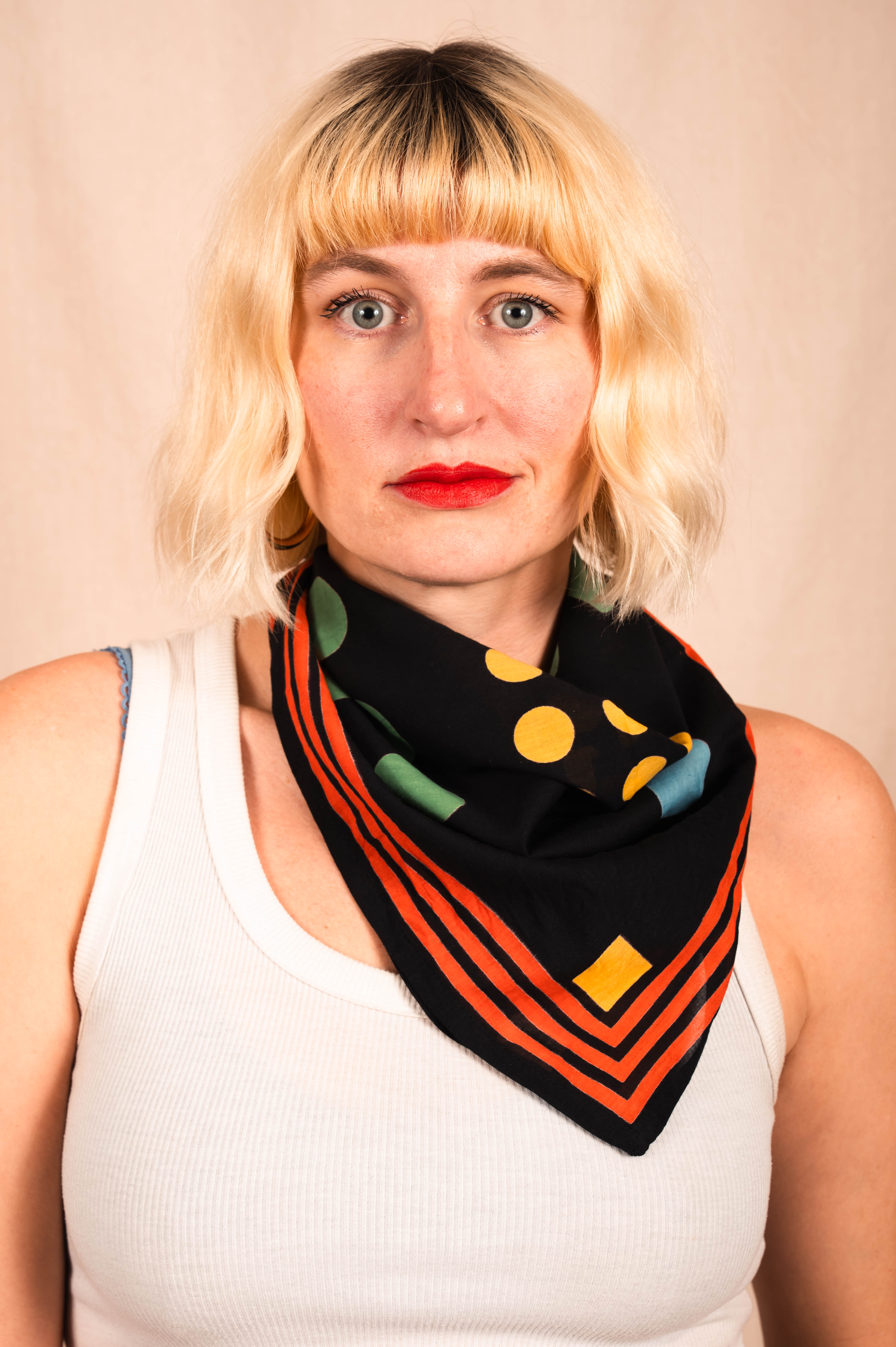 Archie Bandana No. 11 - Faded Black with Blue, Yellow and Green Dots Art Print