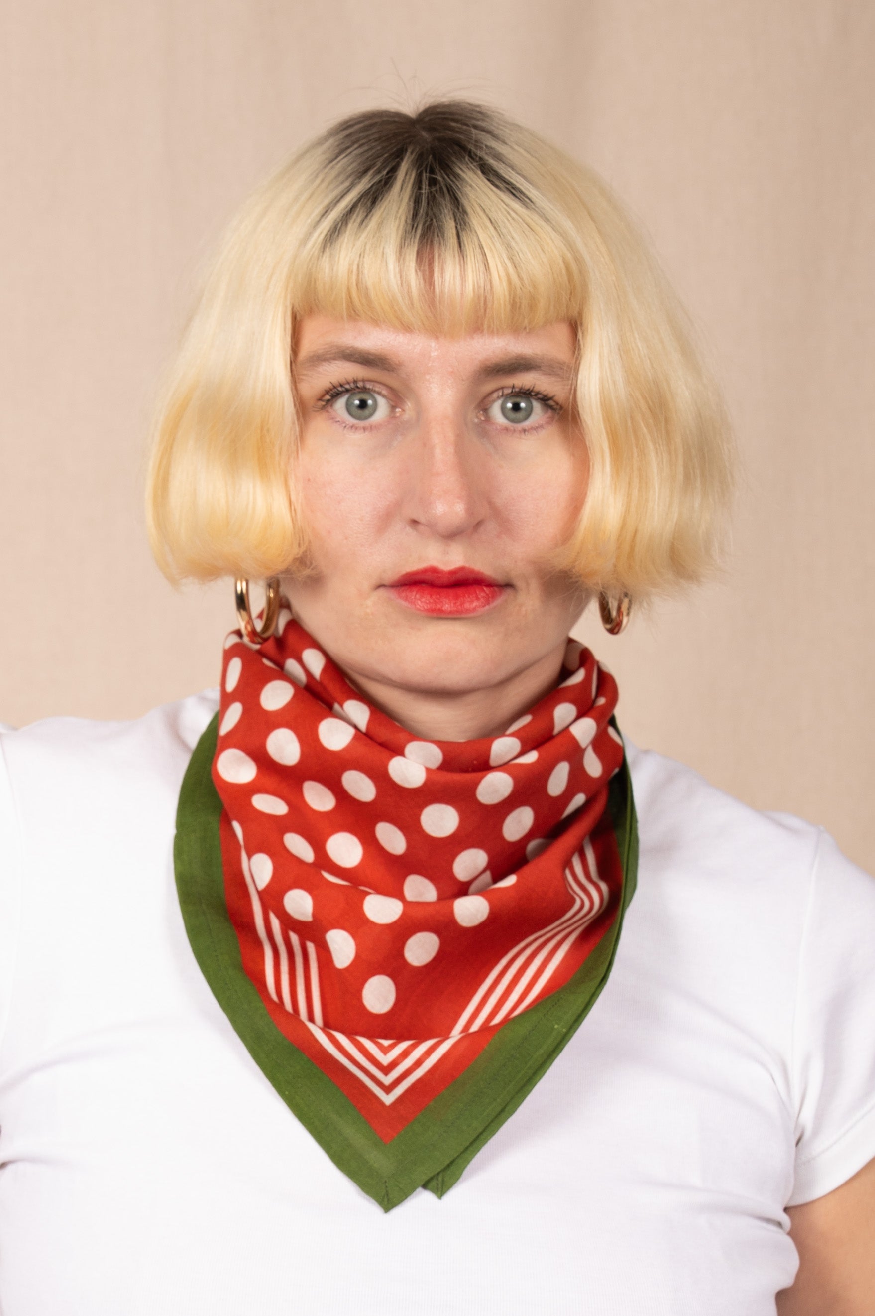 Archie Bandana No. 33 - Red and White Dots with Olive
