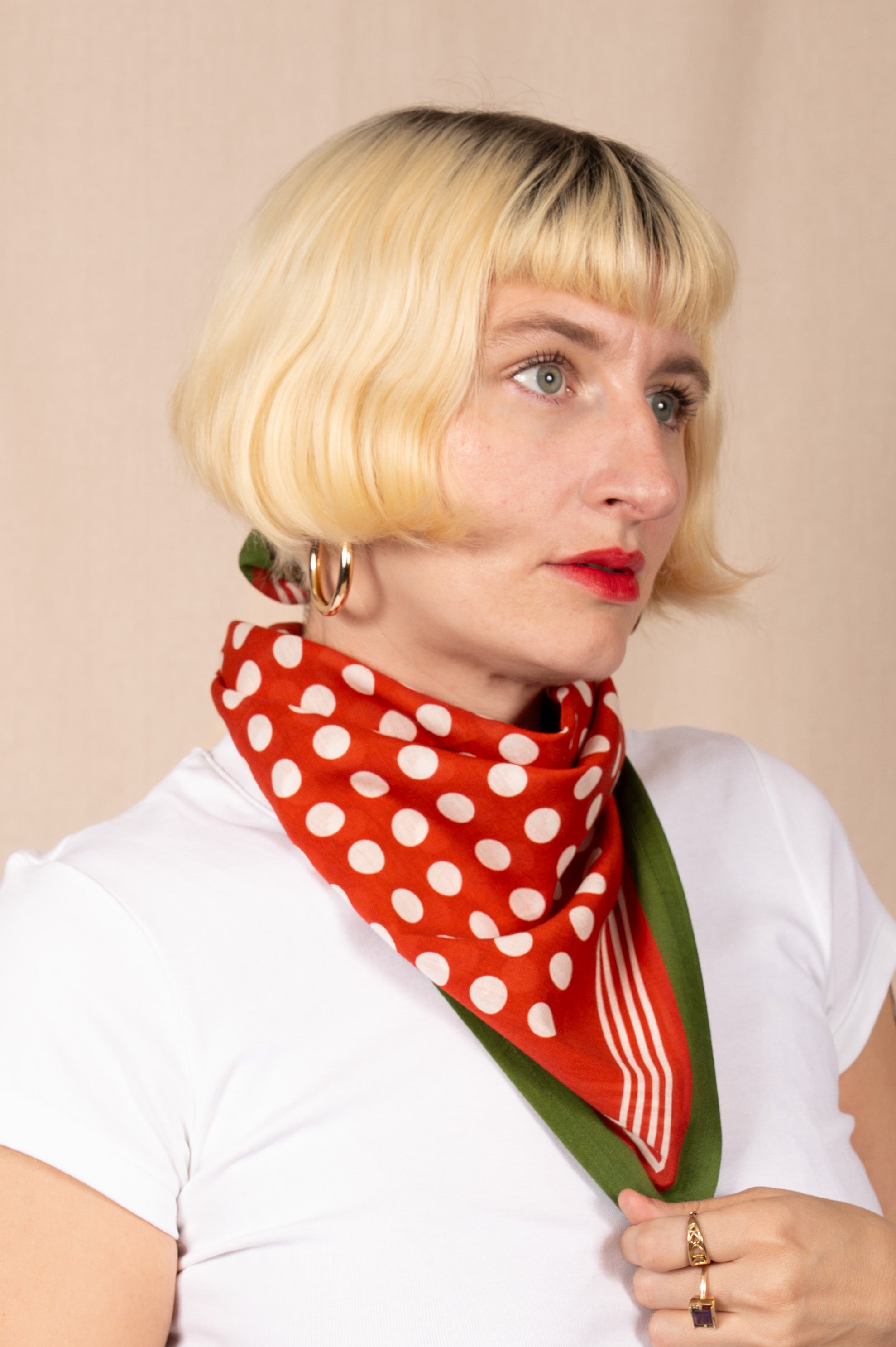 Archie Bandana No. 33 - Red and White Dots with Olive