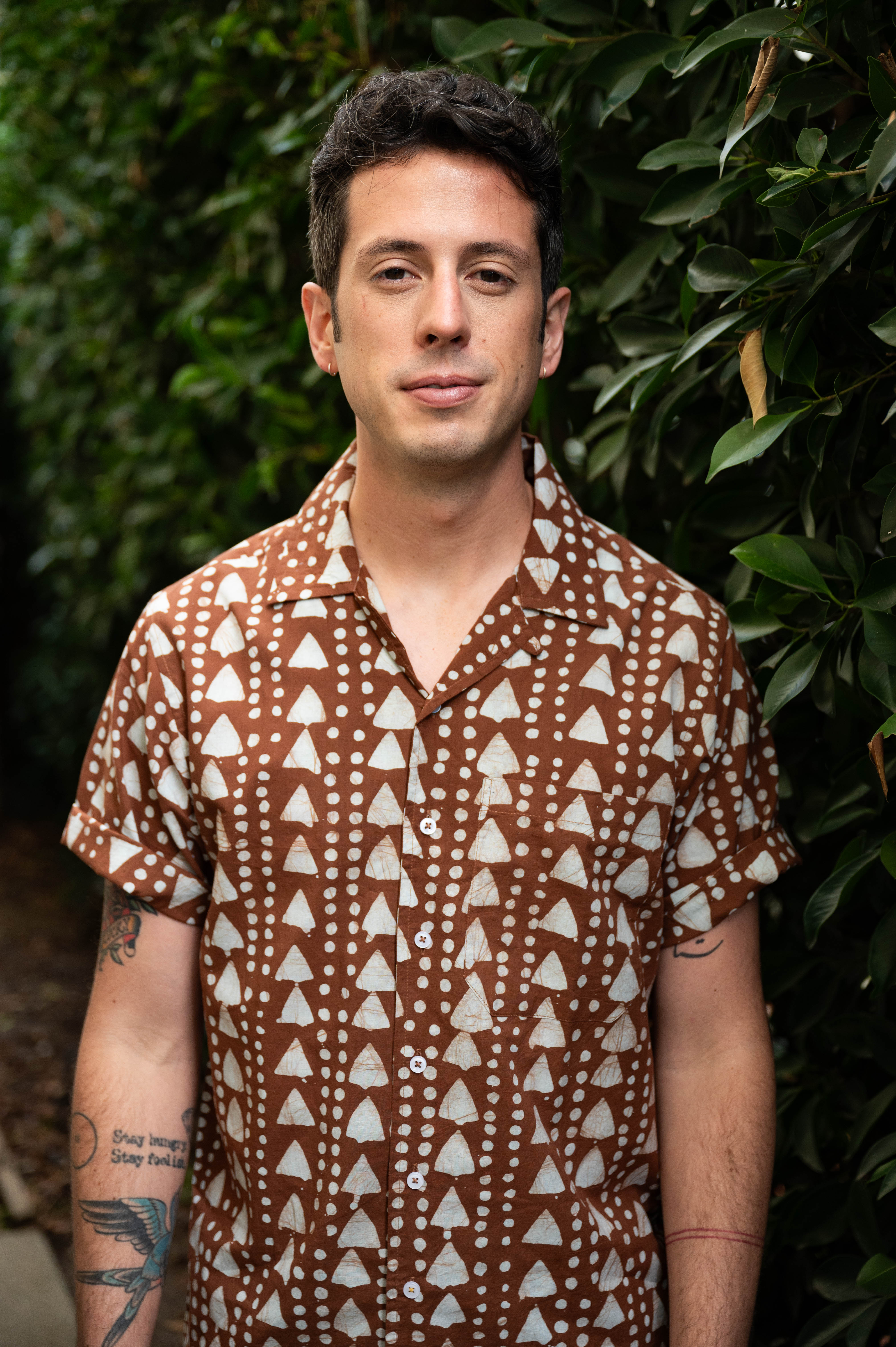 Hand Block Printed 'The Don' Camp Collar Shirt in Khaki Triangles Art Print
