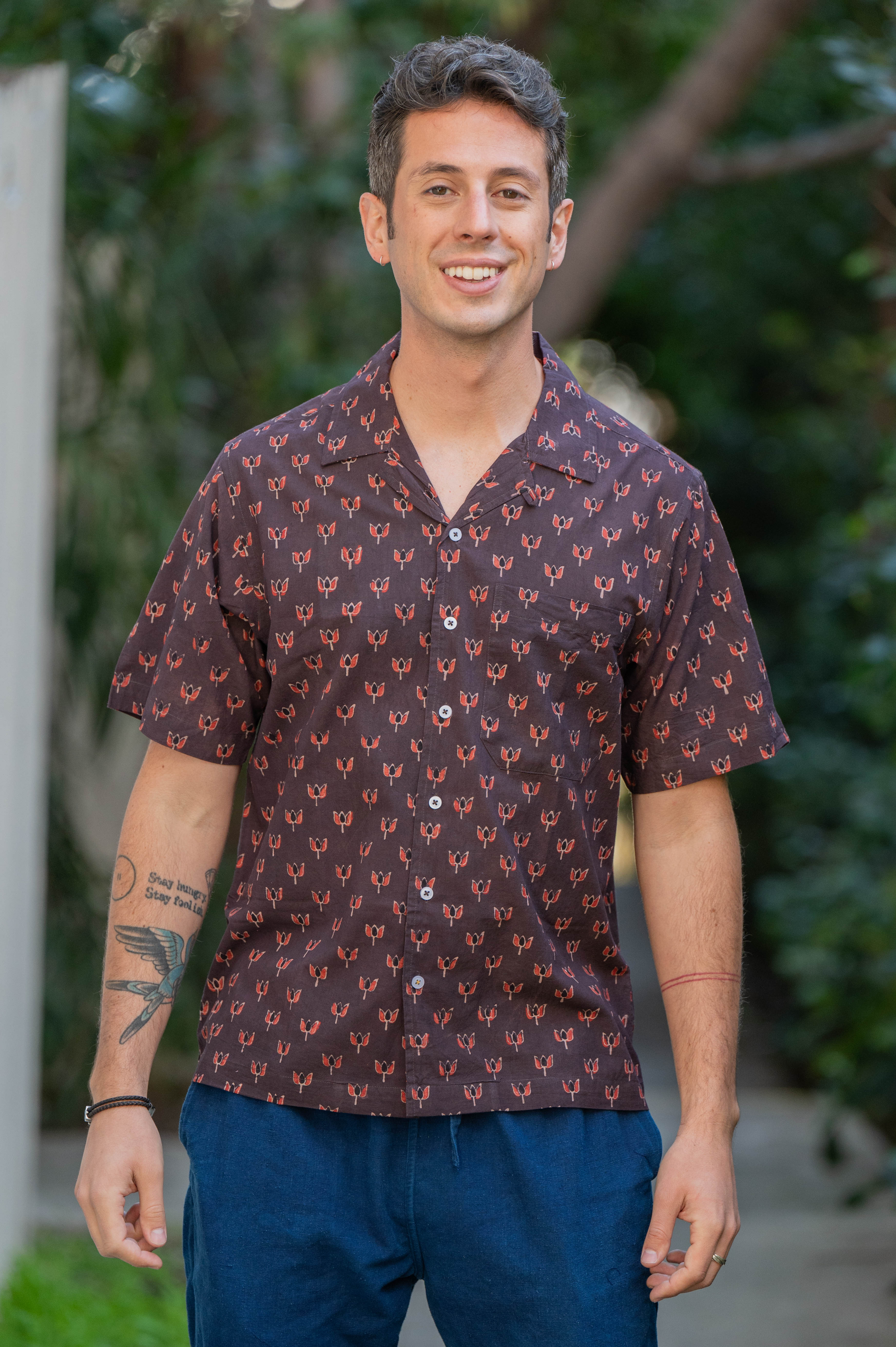 Hand Block Printed 'The Don' Camp Collar Shirt in Dark Chocolate Brown Lotus Print