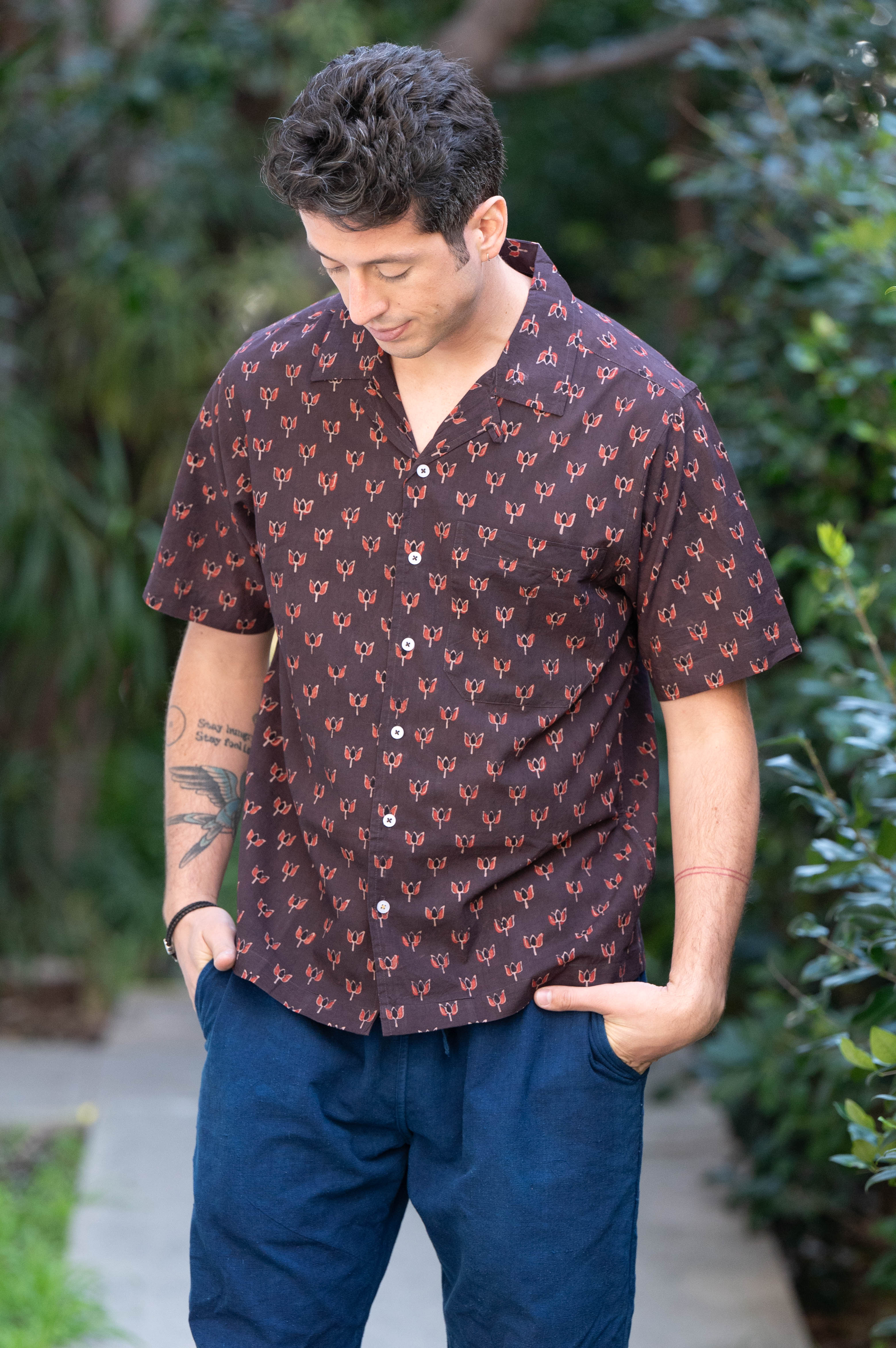 Hand Block Printed 'The Don' Camp Collar Shirt in Dark Chocolate Brown Lotus Print