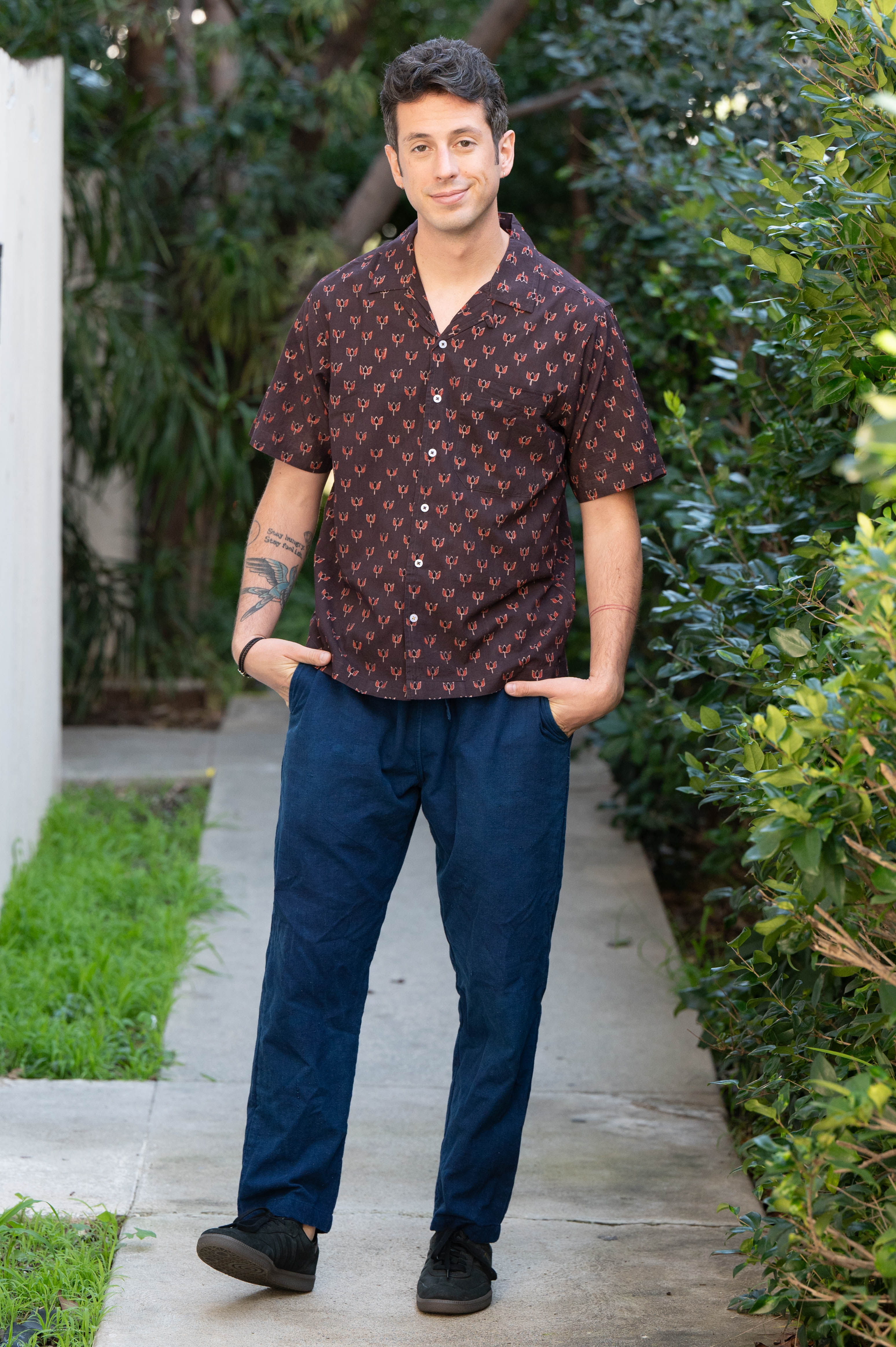 Hand Block Printed 'The Don' Camp Collar Shirt in Dark Chocolate Brown Lotus Print