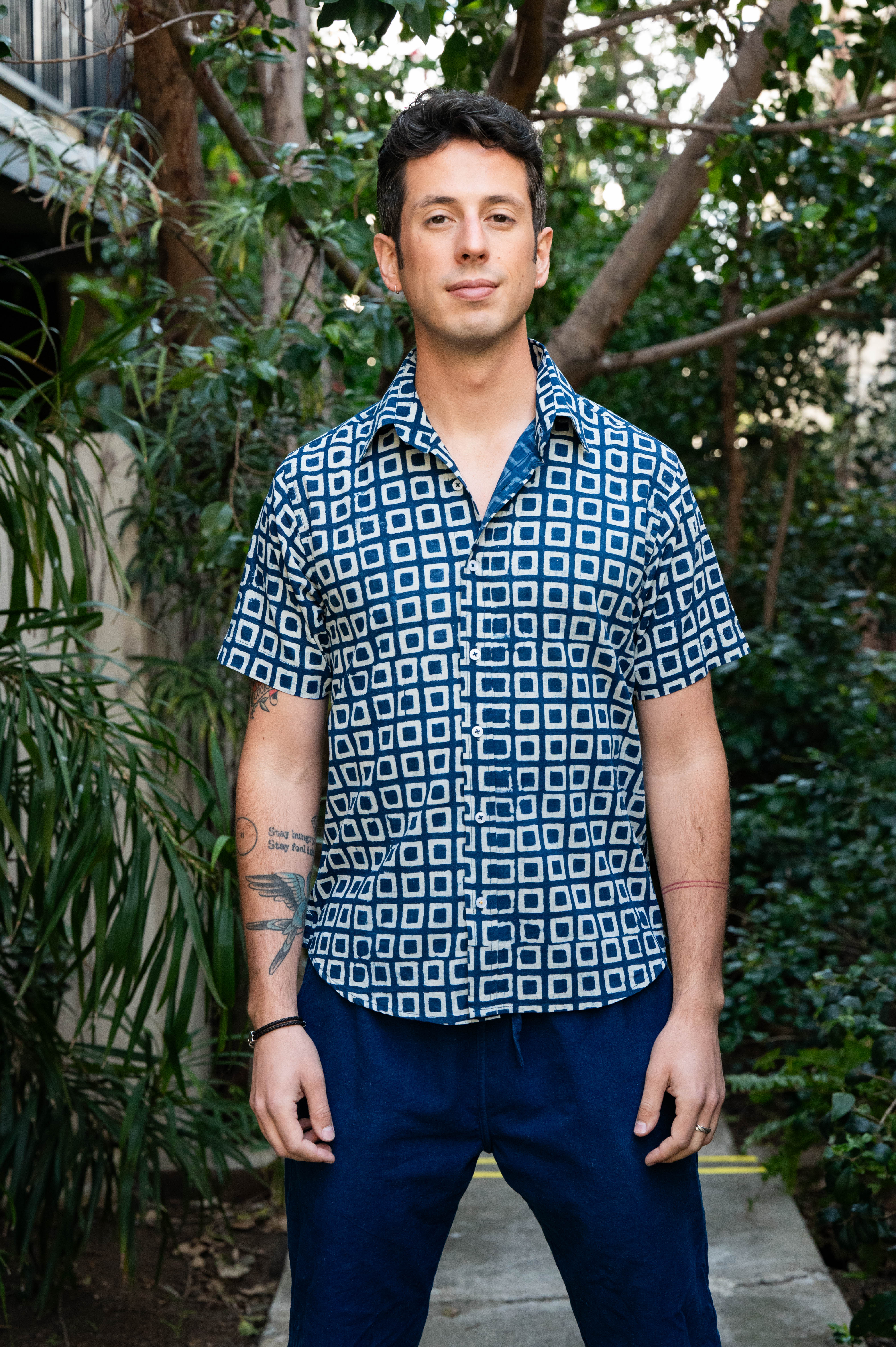 Hand Block Printed 'The Aby' Short Sleeve Shirt in Blue and White Box Print