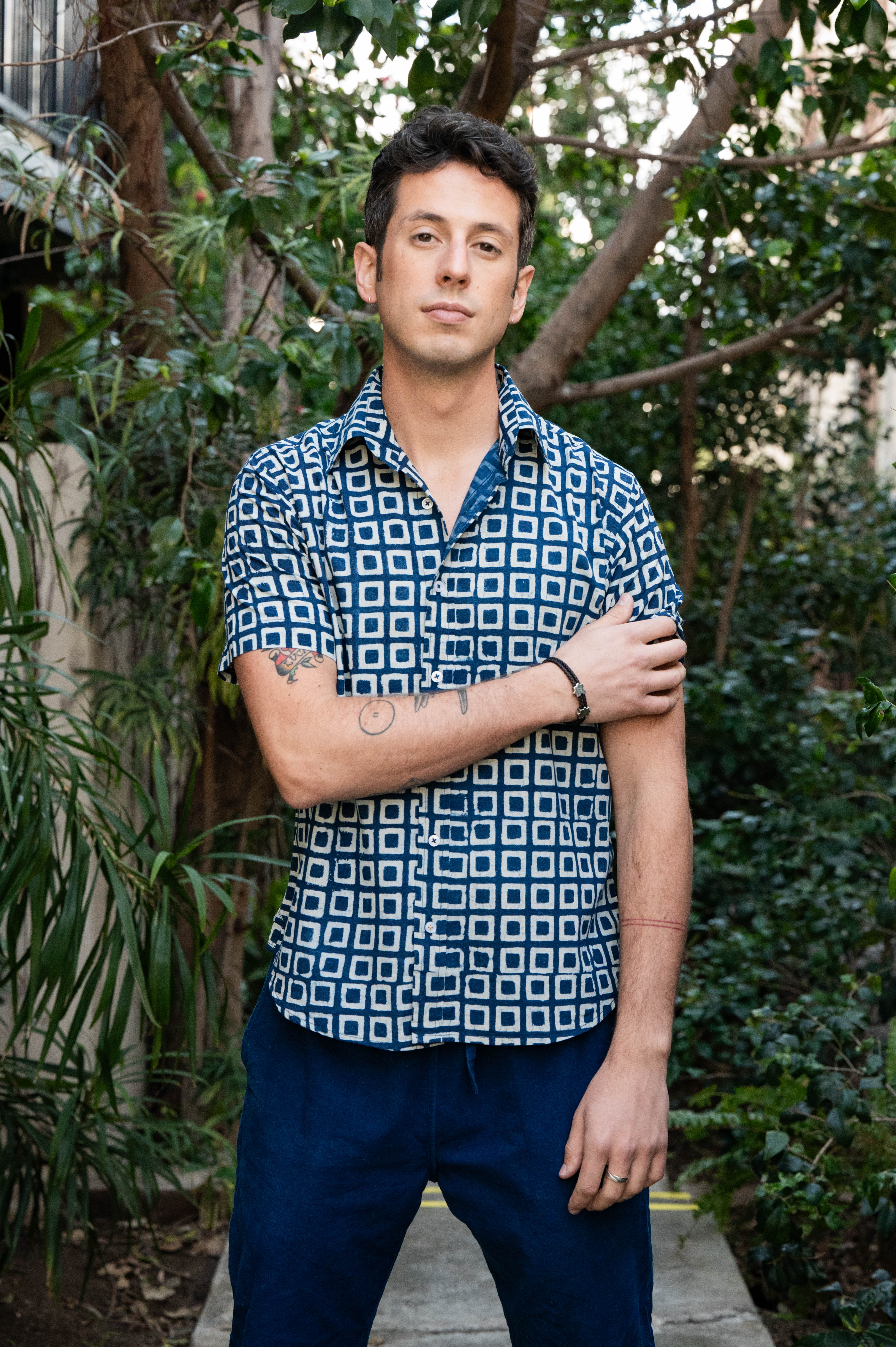 Hand Block Printed 'The Aby' Short Sleeve Shirt in Blue and White Box Print