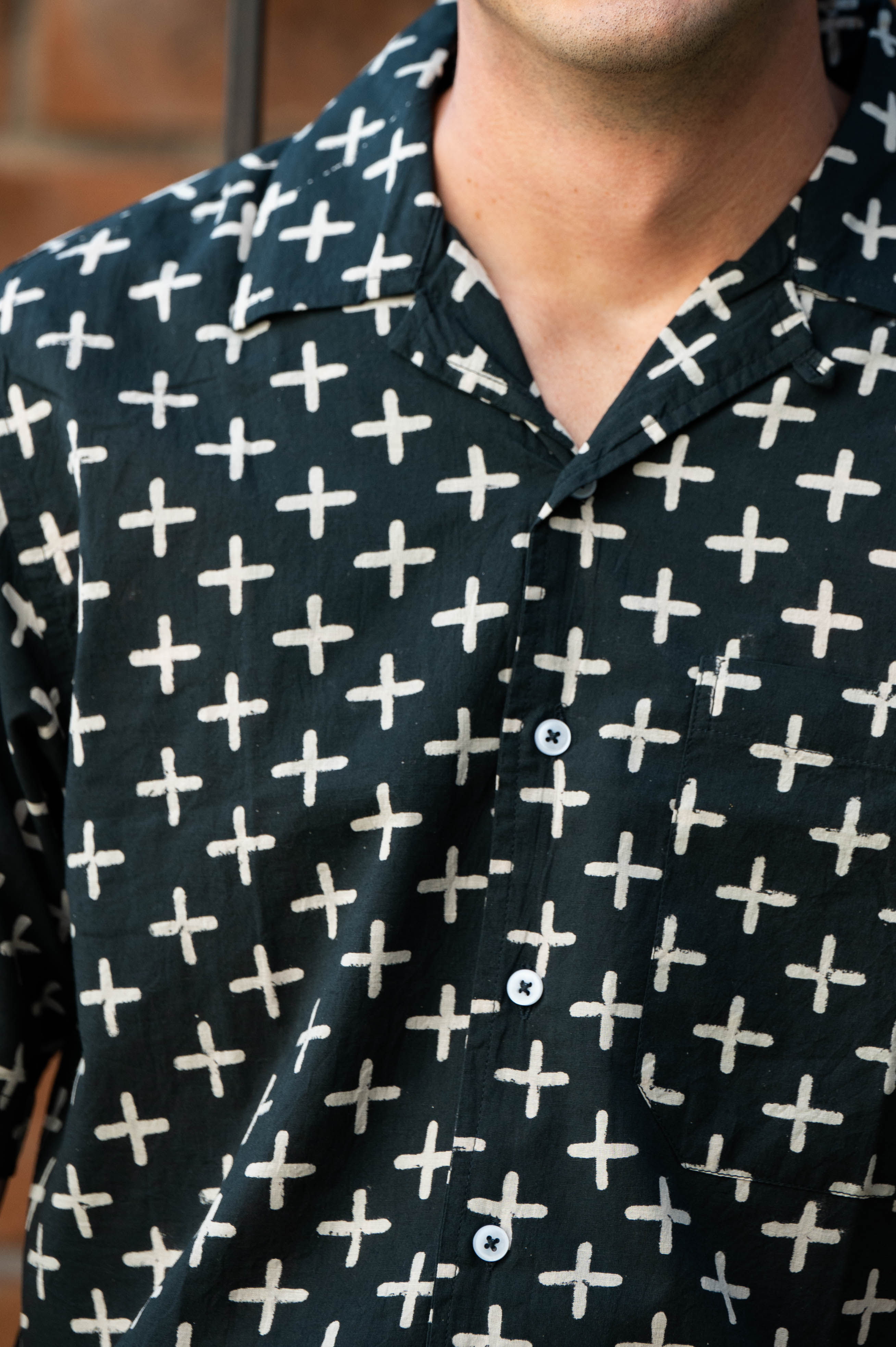 Hand Block Printed 'The Don' Camp Collar Shirt in Black Plus Sign Print