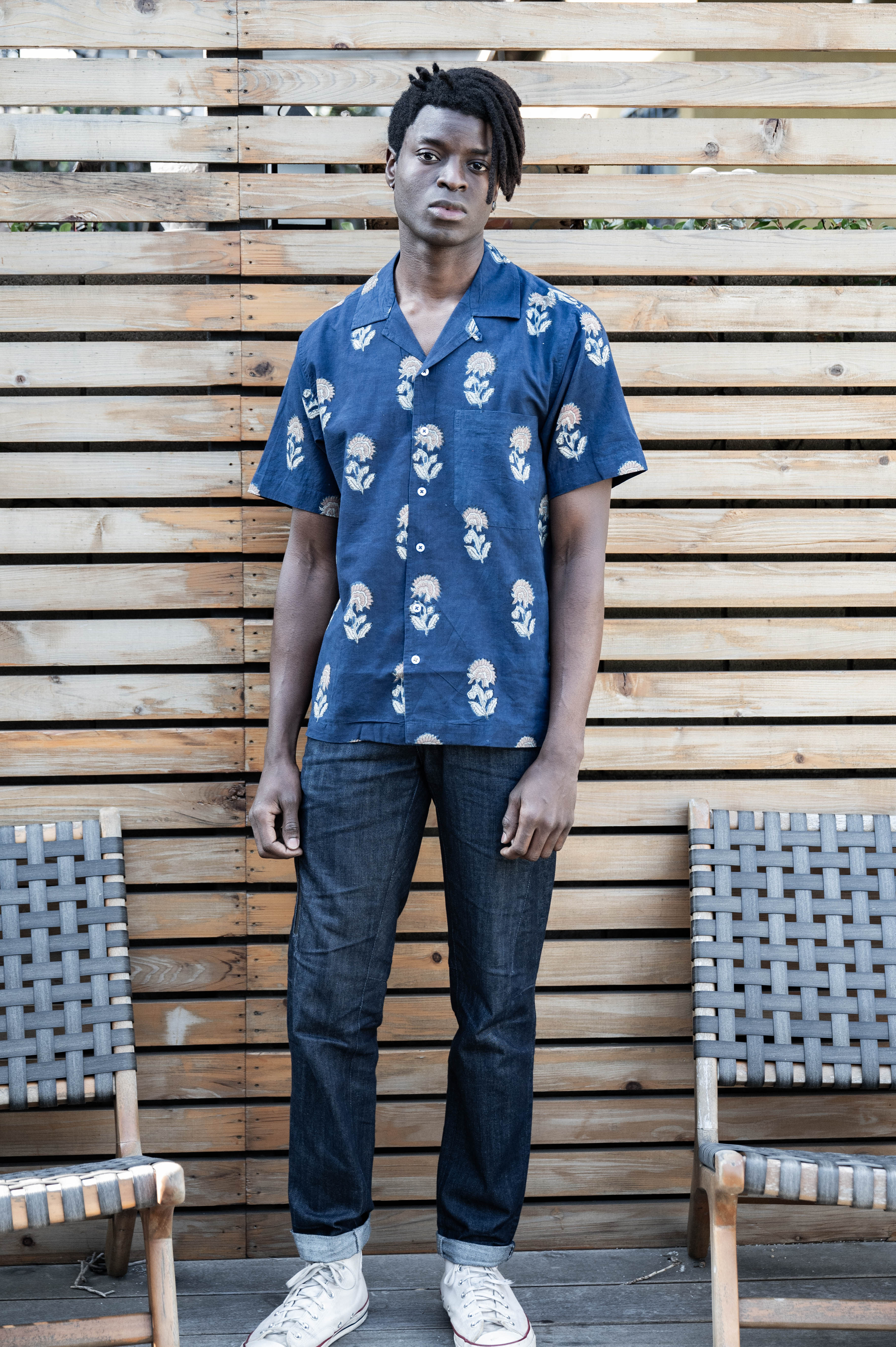 Hand Block Printed 'The Don' Camp Collar Shirt in Navy Tribal Floral Print