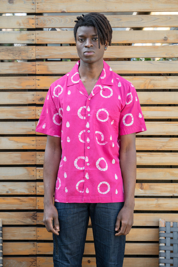 Hand Block Printed 'The Don' Camp Collar Shirt in Magenta Circles Art Print