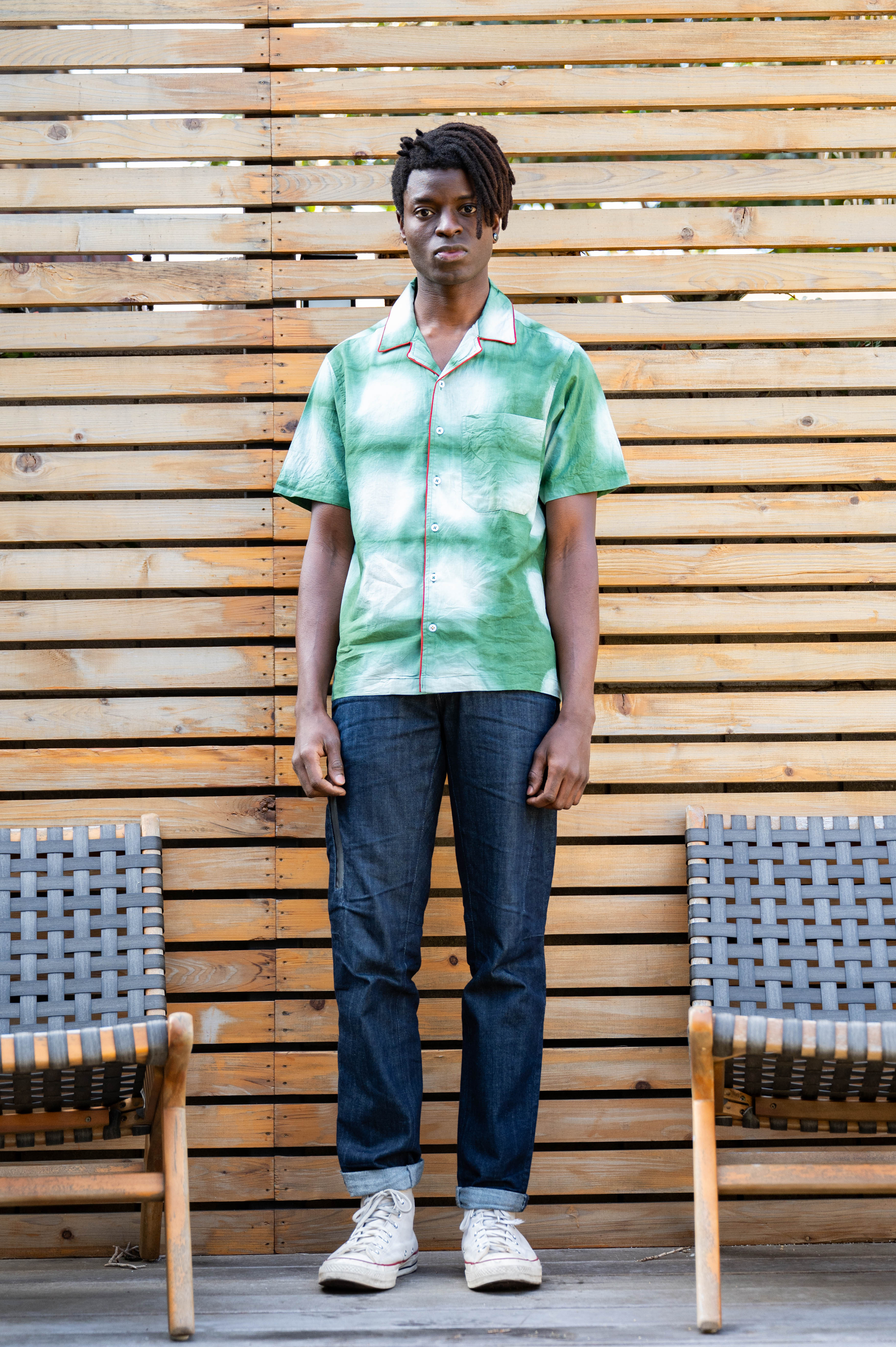 Hand Dyed 'The Don' Camp Collar Shirt in Green and White Clamp Dye with Piping