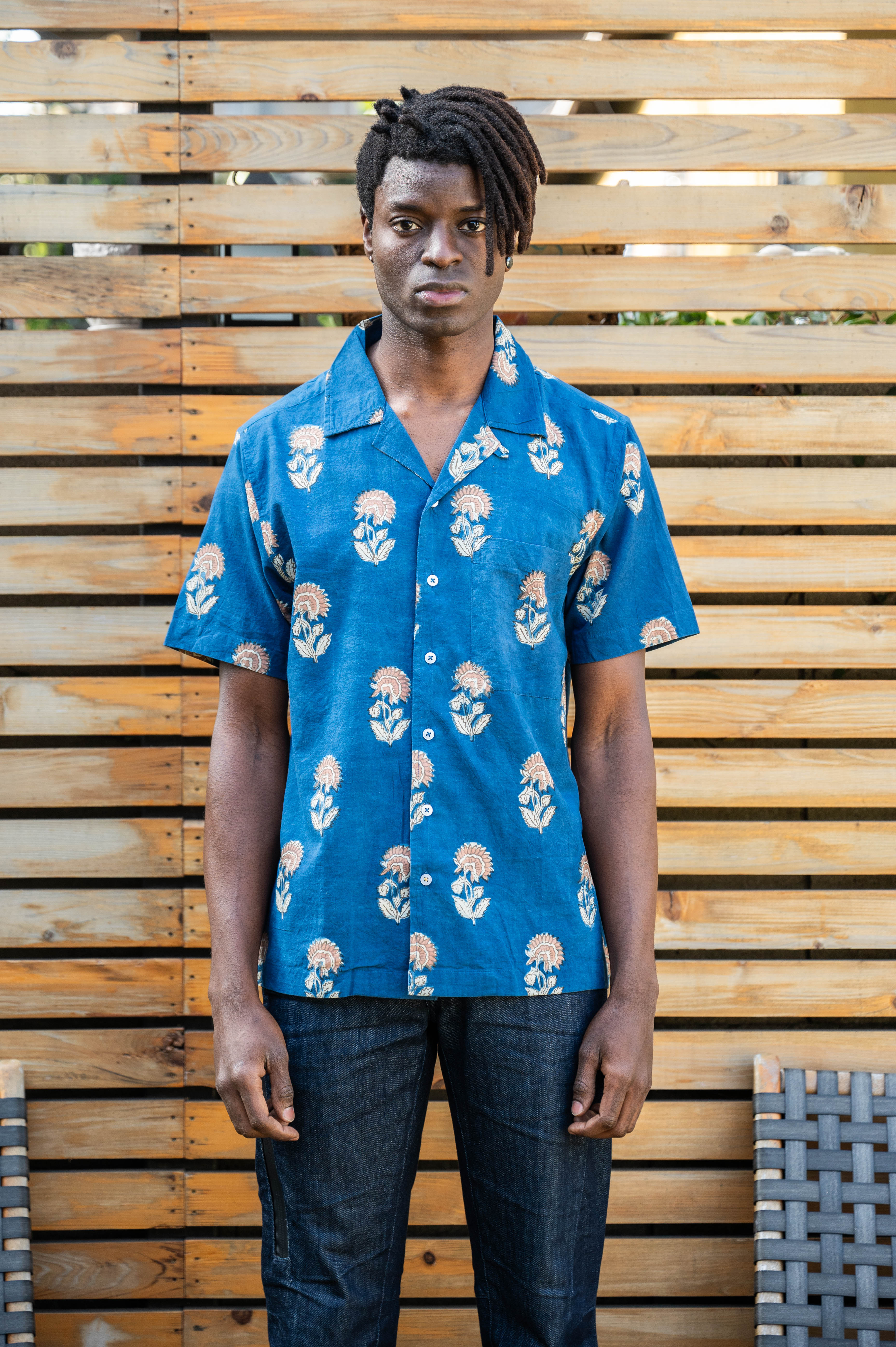 Hand Block Printed 'The Don' Camp Collar Shirt in Blue Tribal Floral Print