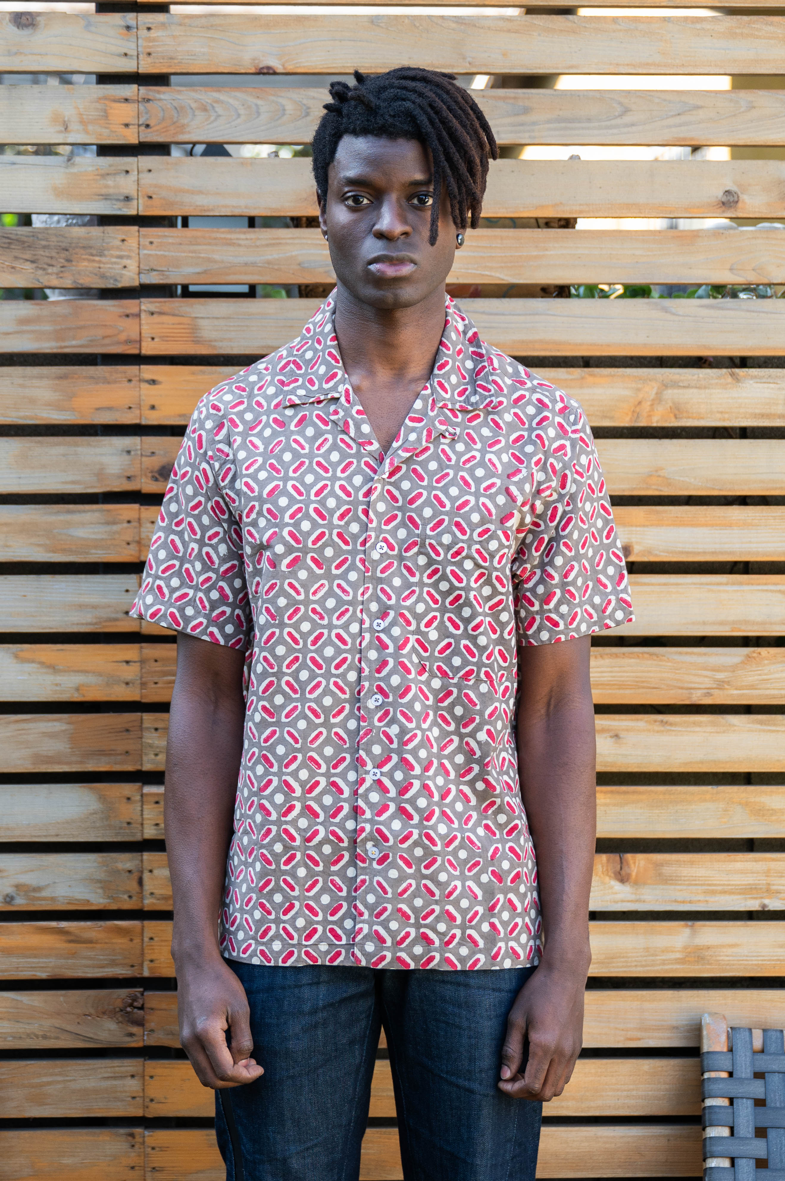 Hand Block Printed 'The Don' Camp Collar Shirt in Beige Dice Art Print