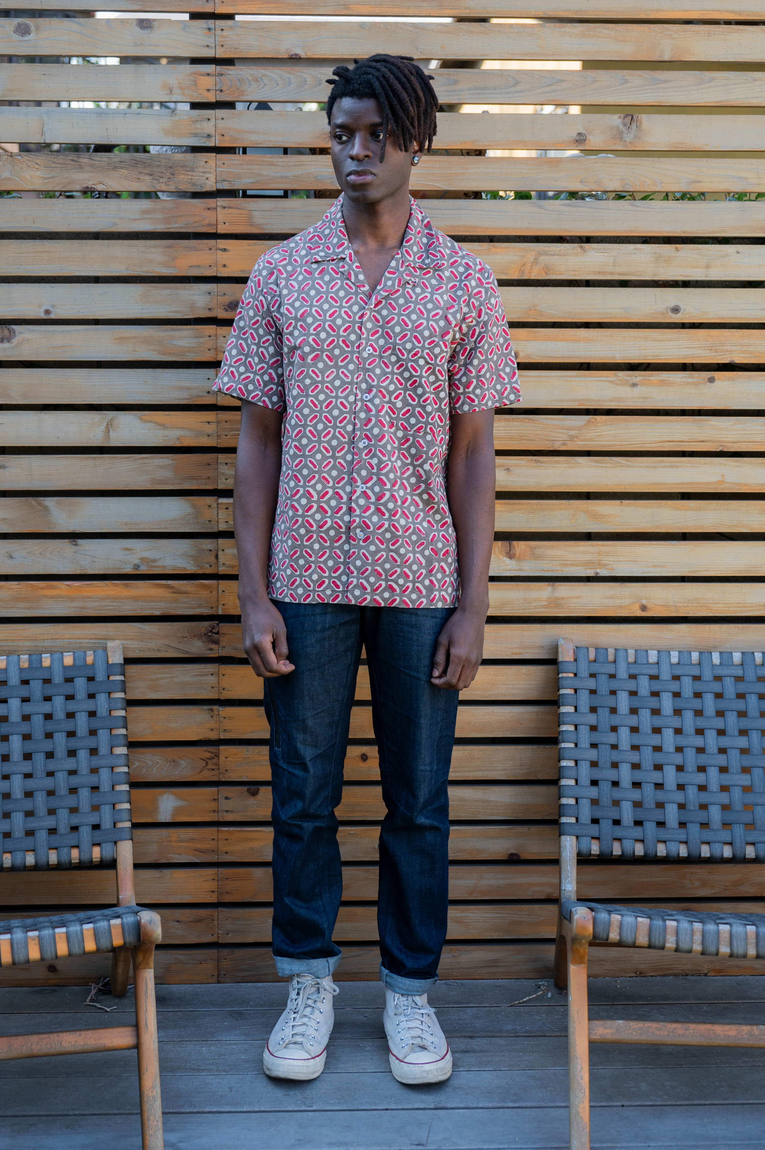 Hand Block Printed 'The Don' Camp Collar Shirt in Beige Dice Art Print
