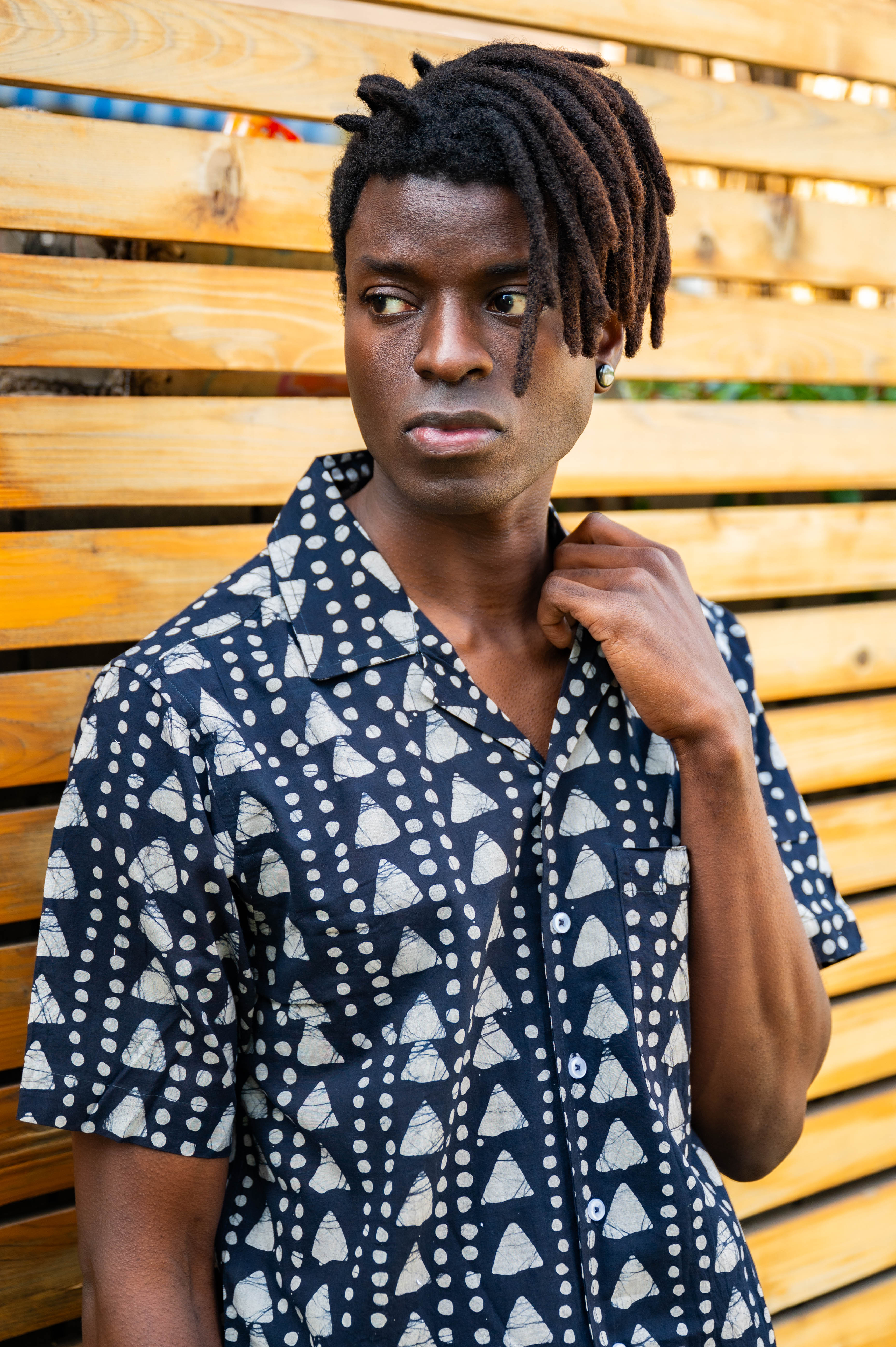 Hand Block Printed 'The Don' Camp Collar Shirt in Black Triangles Art Print