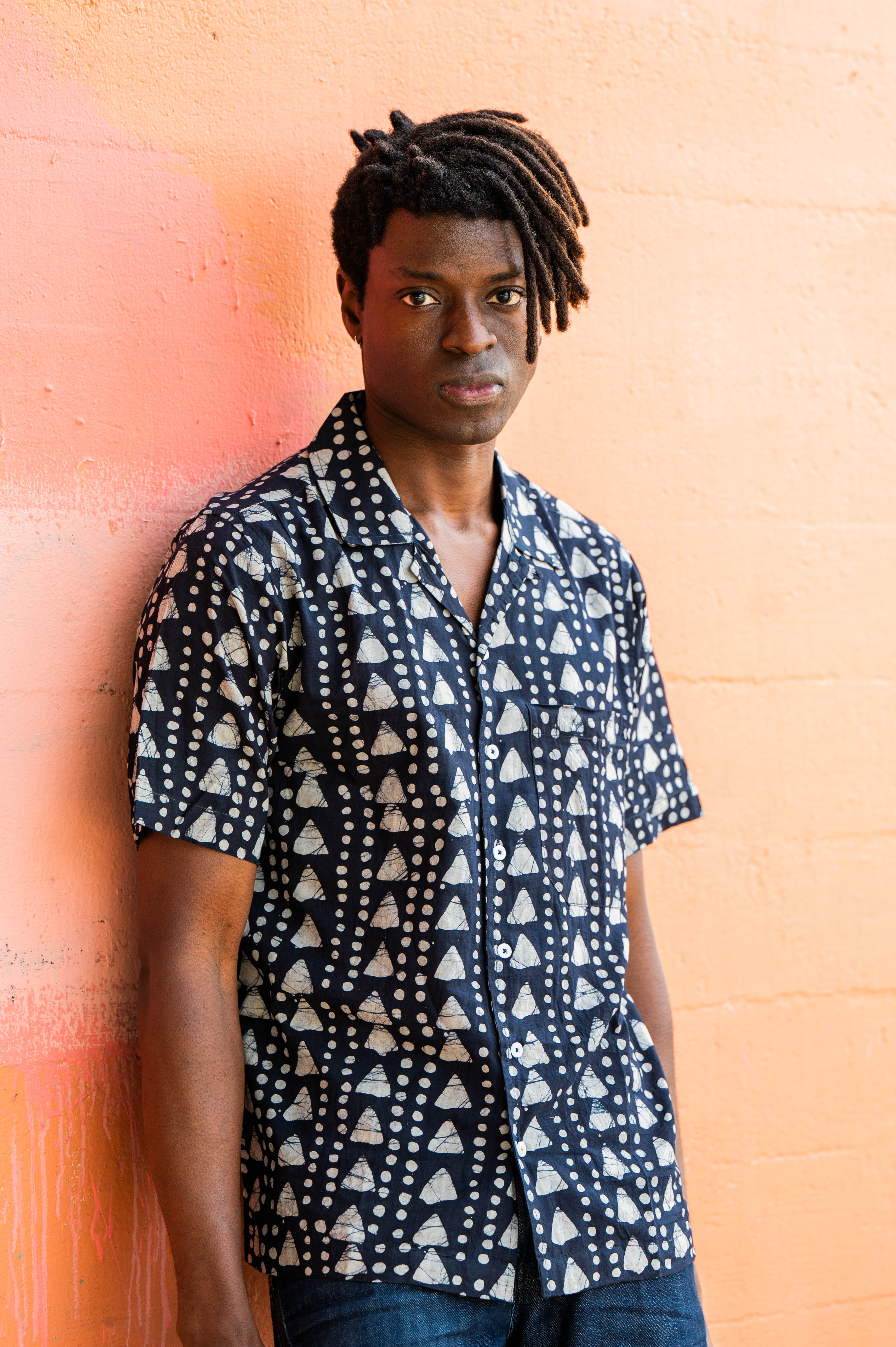 Hand Block Printed 'The Don' Camp Collar Shirt in Black Triangles Art Print