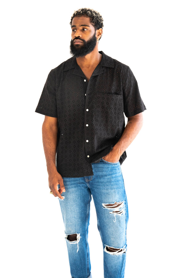 'The Don' Camp Collar Shirt in Black Eyelet Fabric