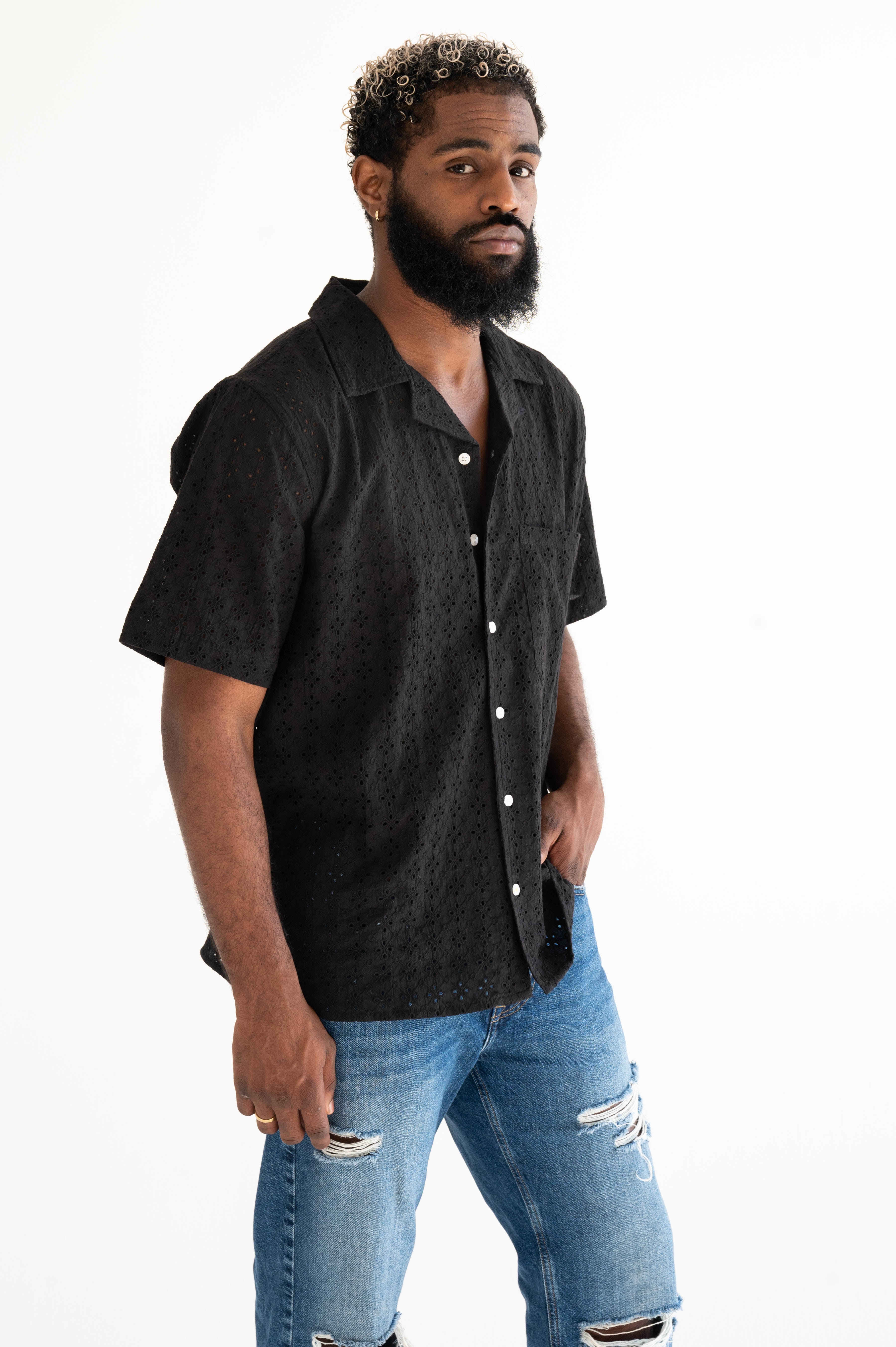 'The Don' Camp Collar Shirt in Black Eyelet Fabric
