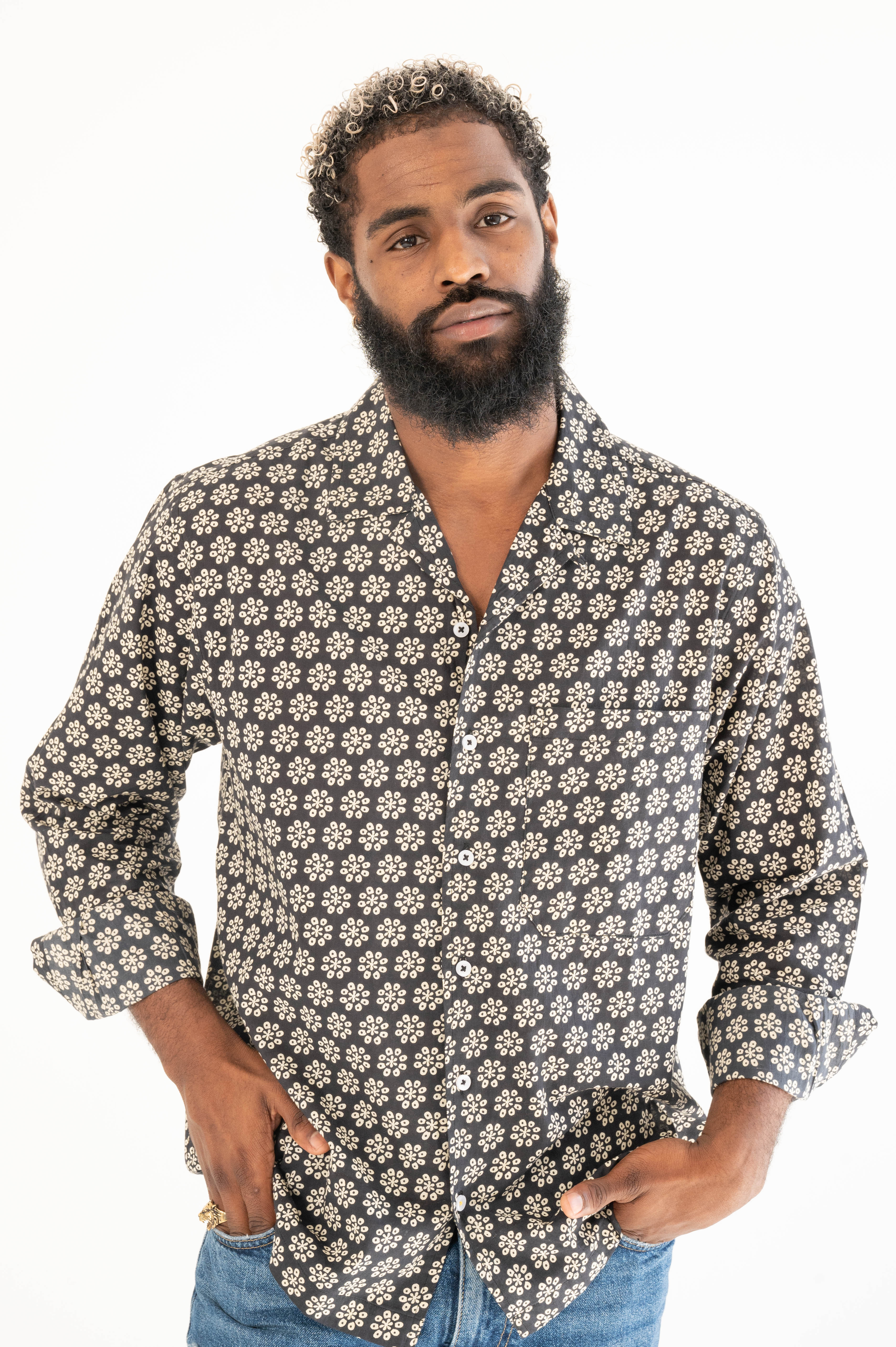 Hand Printed 'The Raj' Camp Collar Shirt in Black Octagon Motif