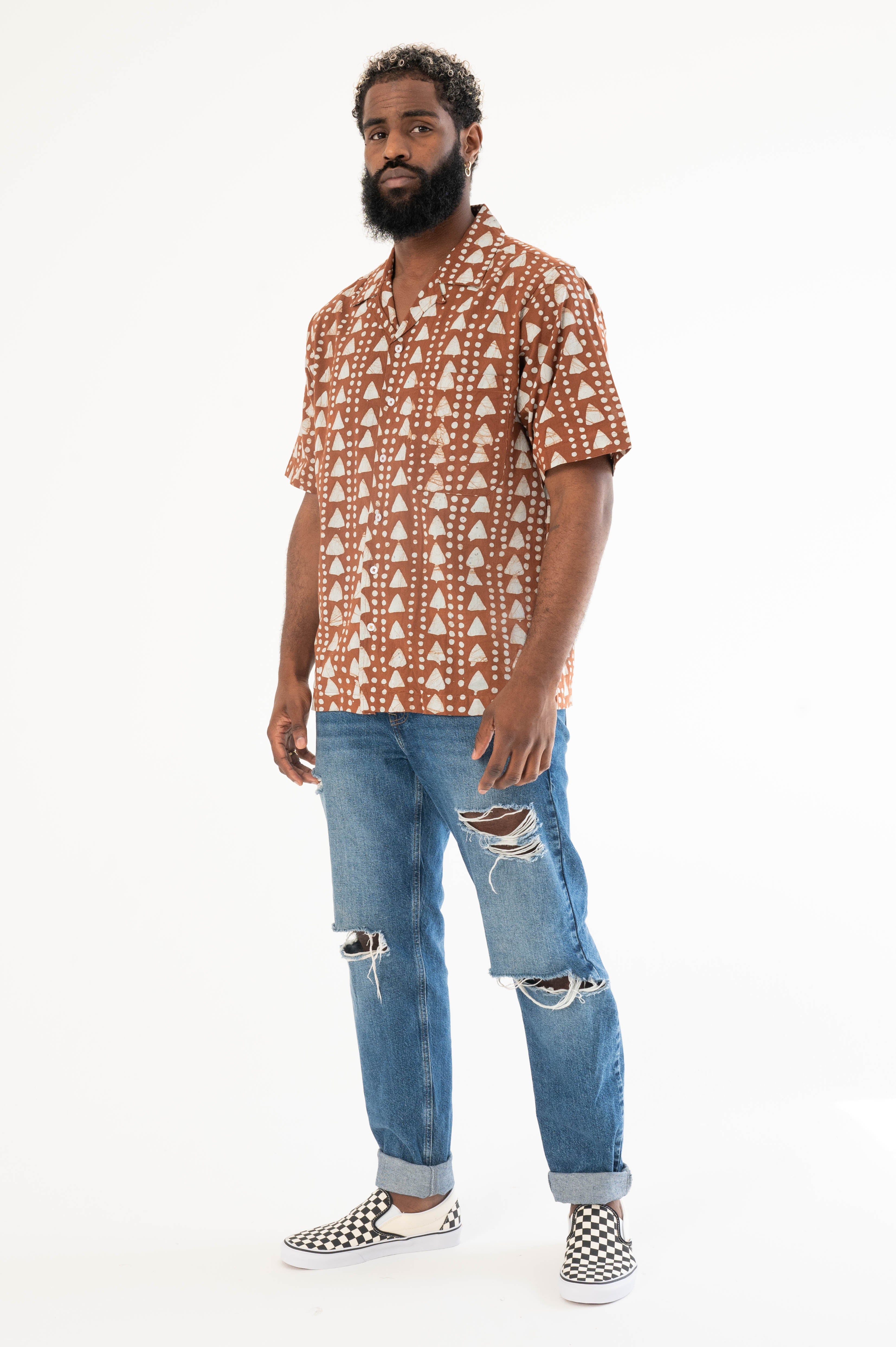 Hand Block Printed 'The Don' Camp Collar Shirt in Khaki Triangles Art Print