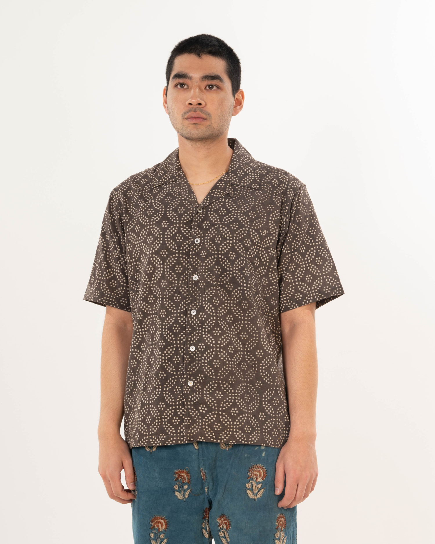 Hand Printed 'The Don' Camp Collar Shirt in Small Brown Circles