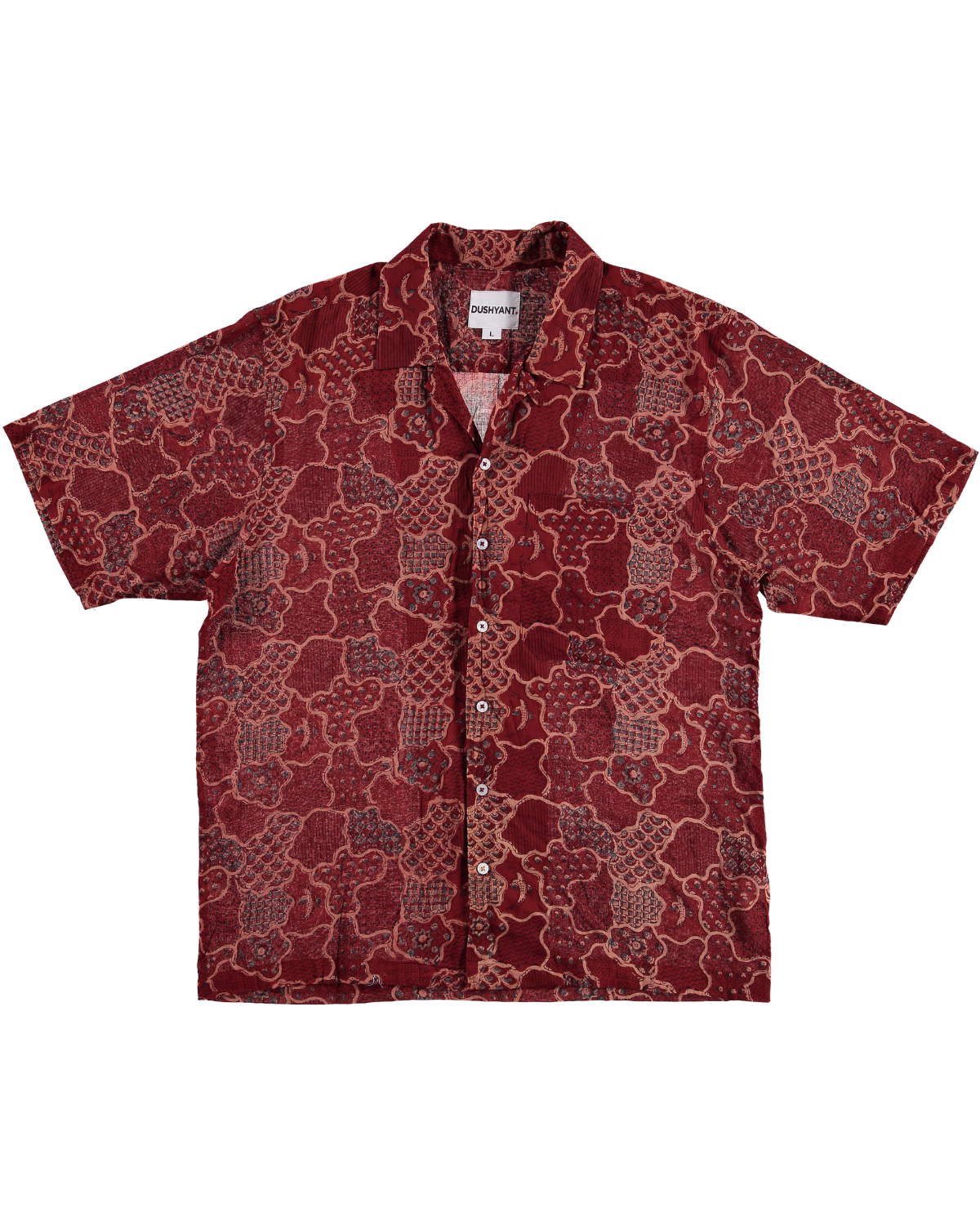 Hand Block Printed 'The Don' Camp Collar Shirt in Red Abstract Print
