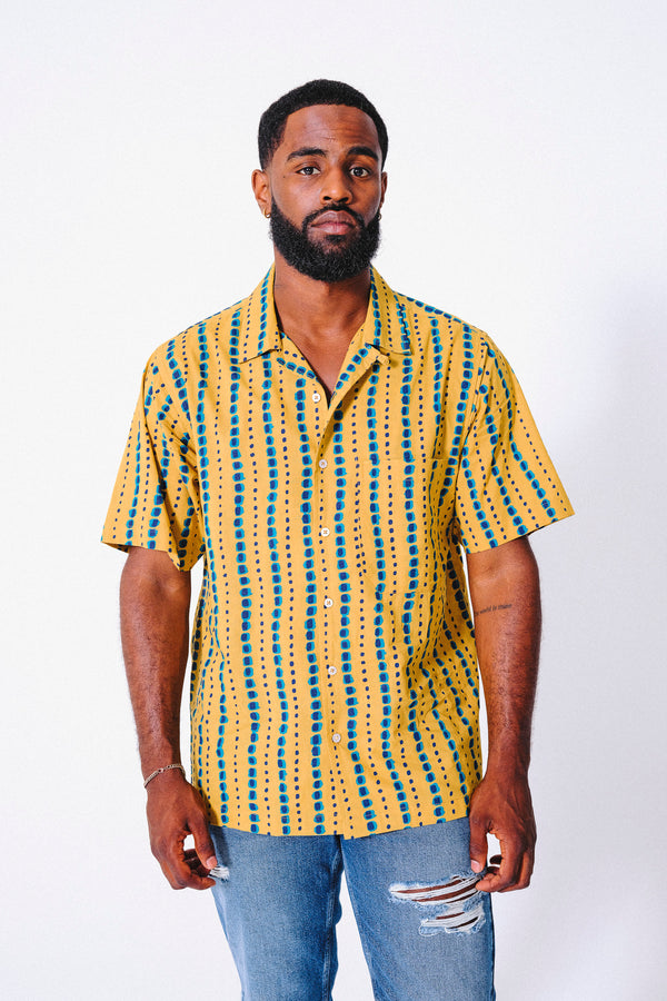 Hand Printed 'The Don' Camp Collar Shirt in Mustard and Teal Motif Print