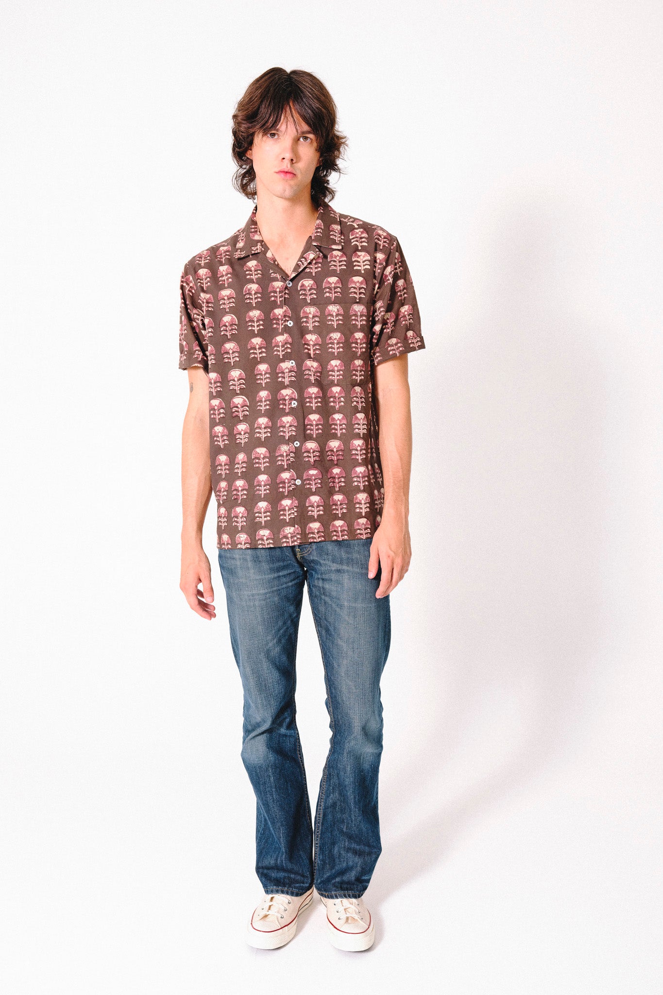 Hand Block Printed 'The Don' Camp Collar Shirt in Brown Tribal Motif