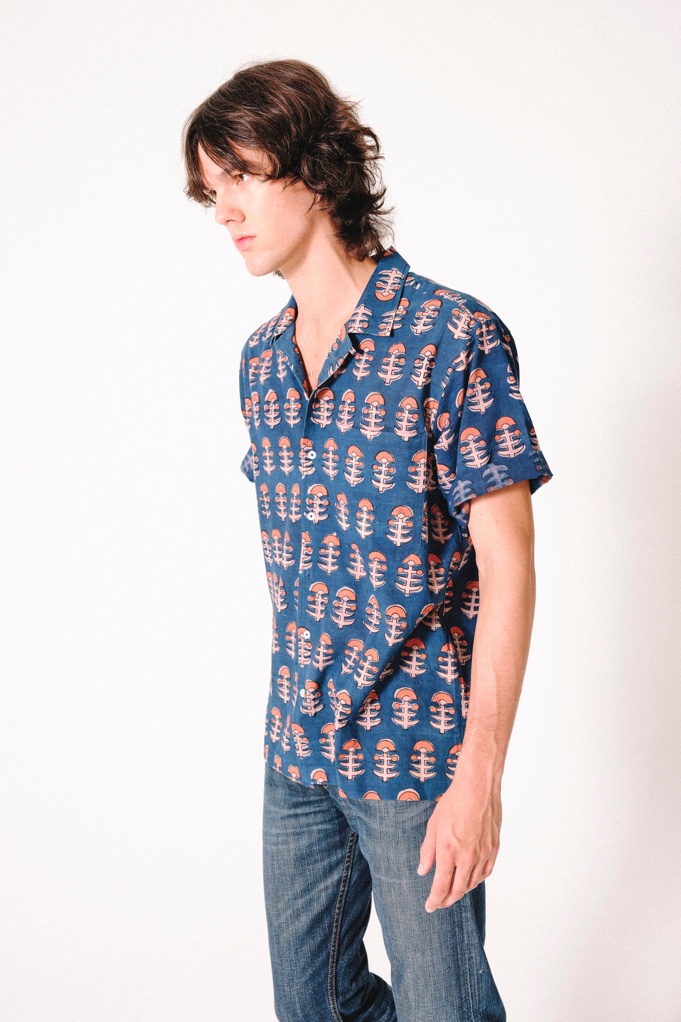 Hand Block Printed 'The Don' Camp Collar Shirt in Dark Blue Tribal Print