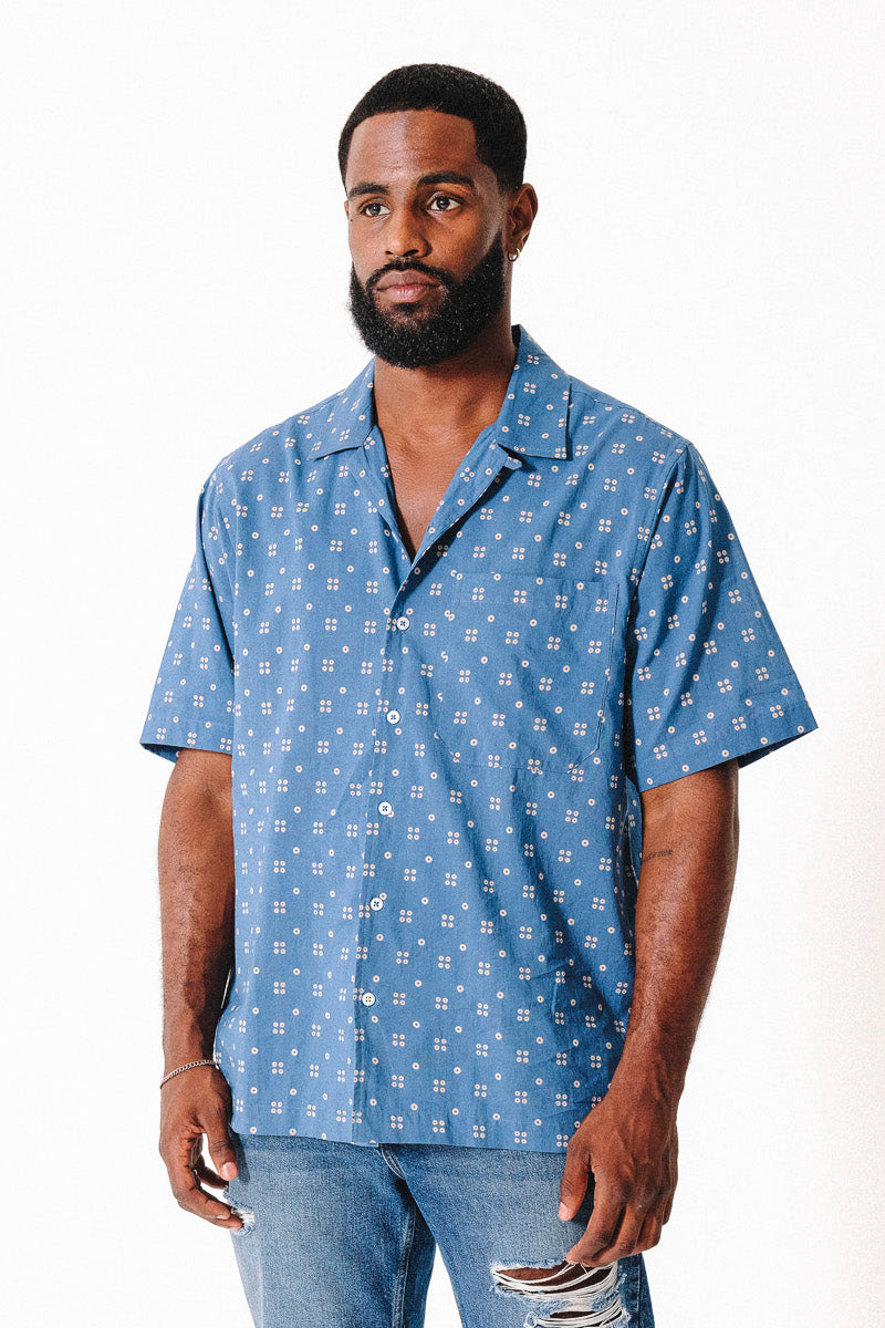 Hand Printed 'The Don' Camp Collar Shirt in Blue Dots Print
