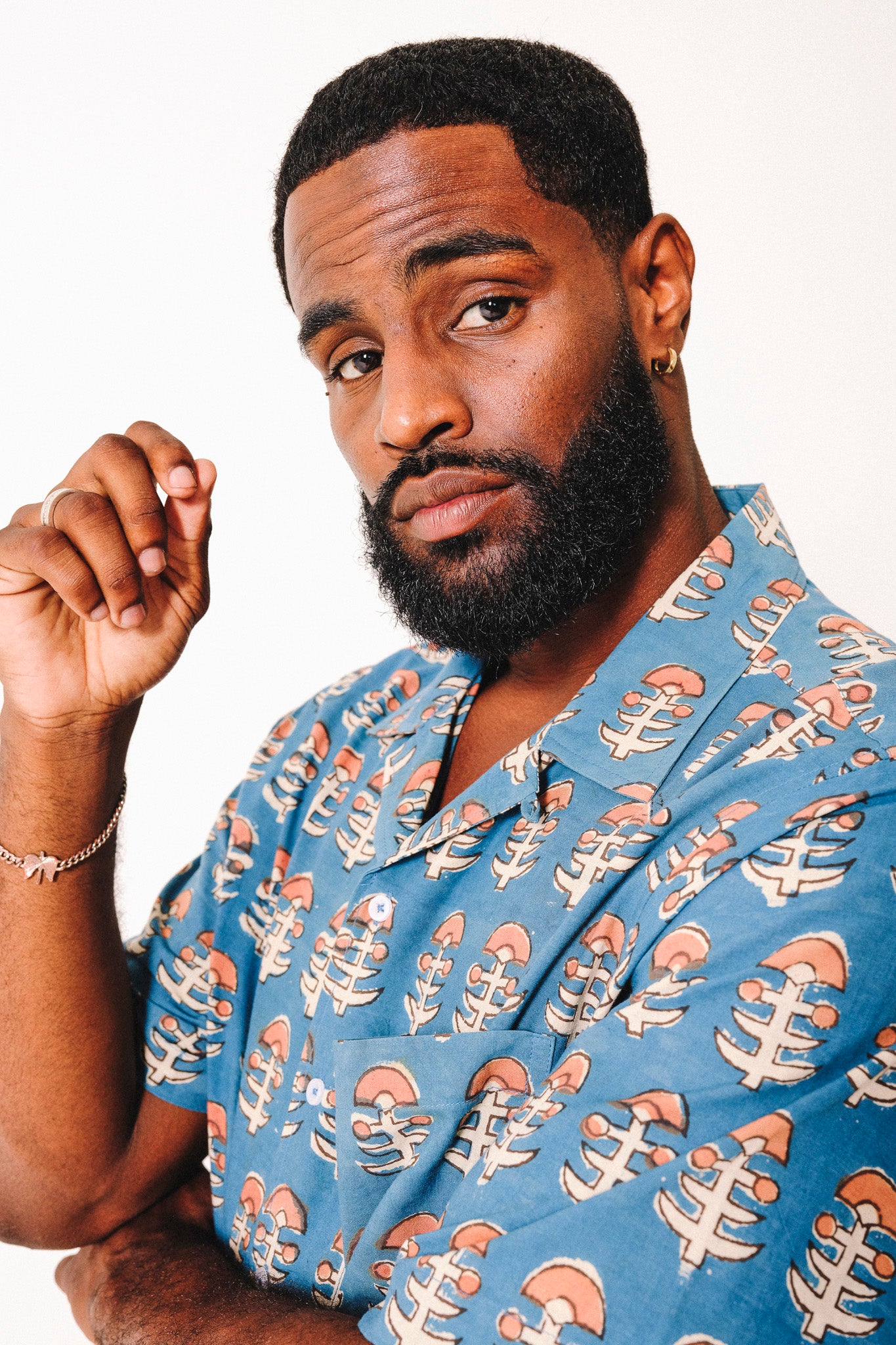 Hand Block Printed 'The Don' Camp Collar Shirt in Light Blue Tribal Print