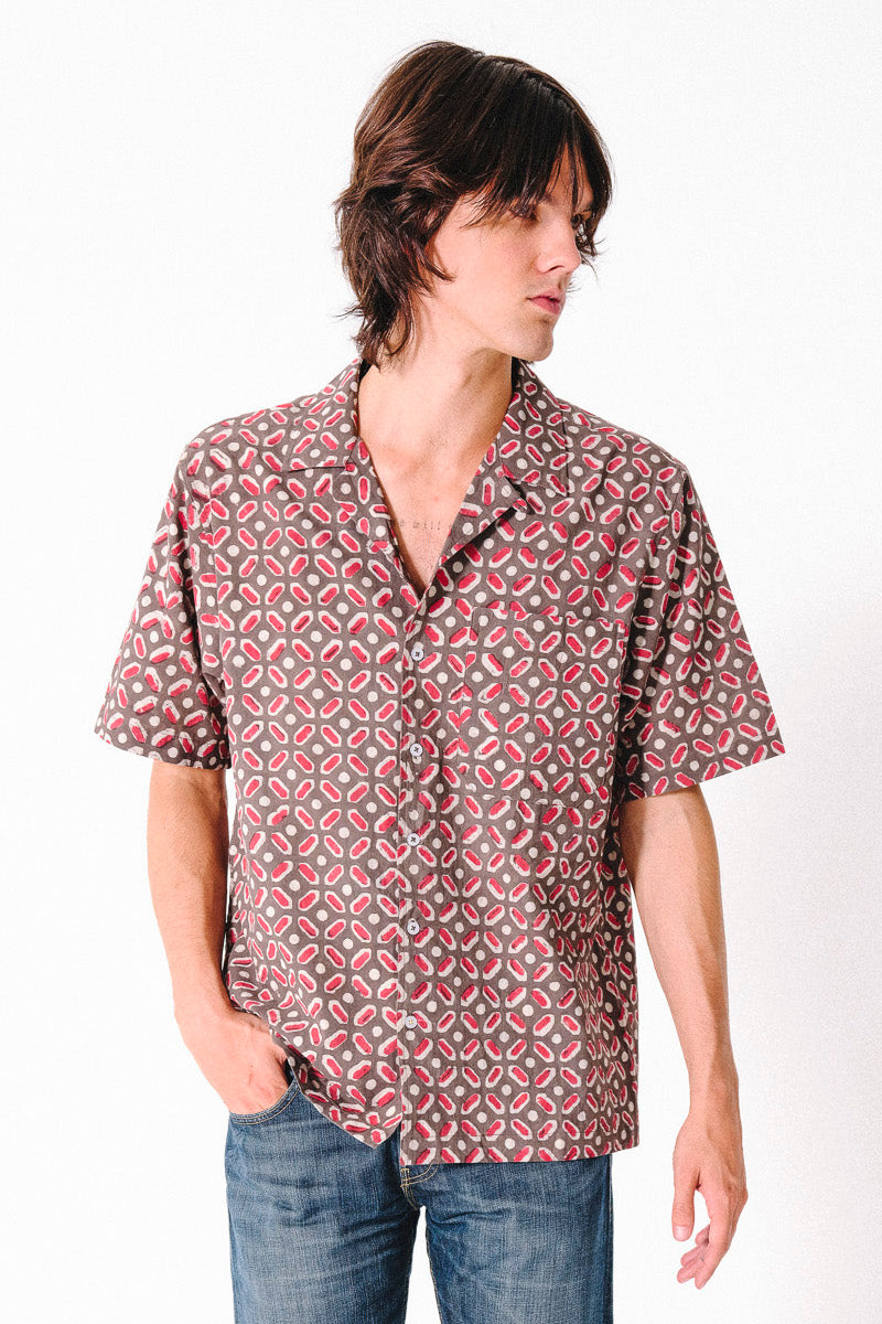 Hand Block Printed 'The Don' Camp Collar Shirt in Beige Dice Art Print