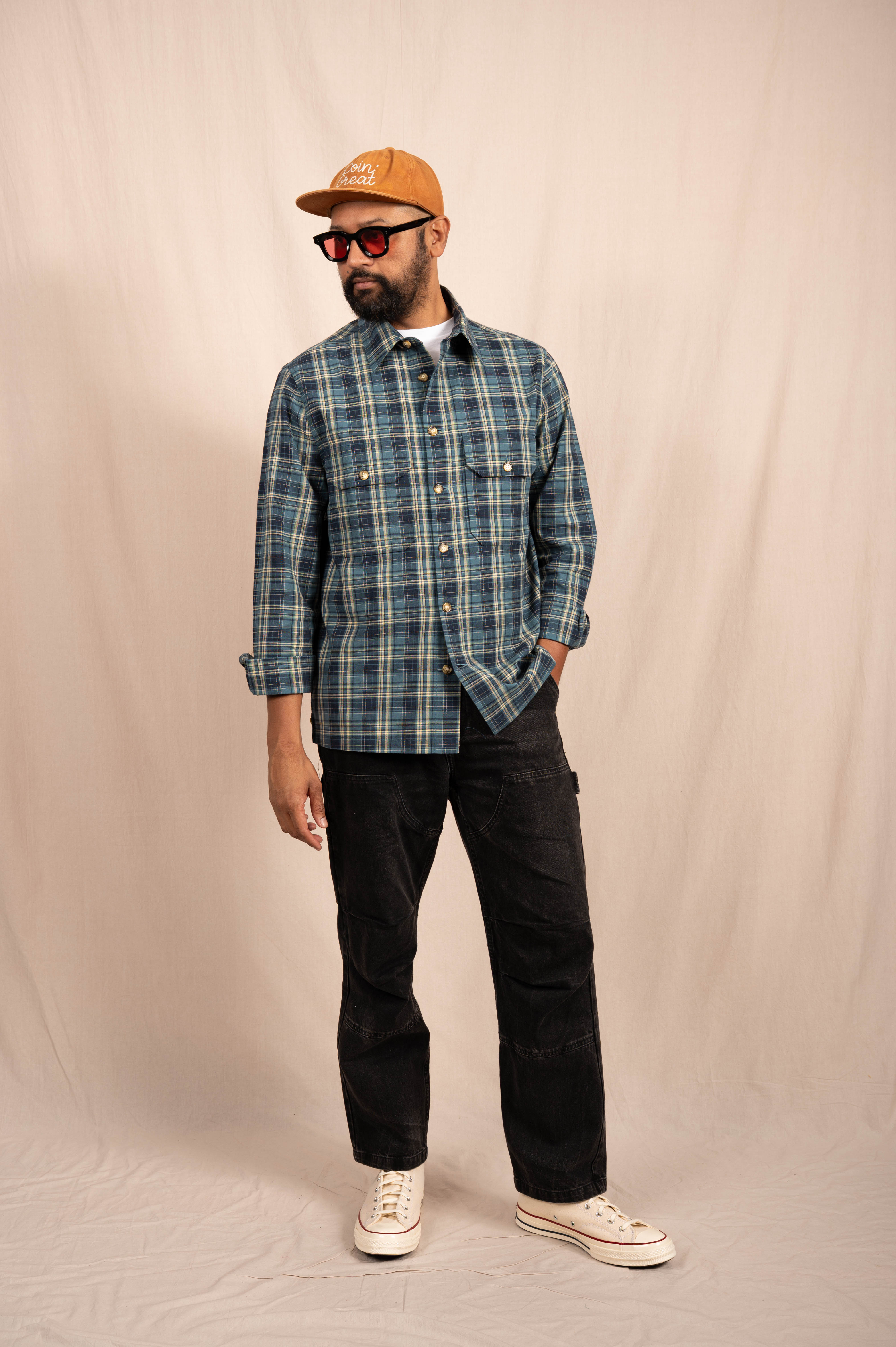 The 'Jesse' Over Shirt in Navy and Teal Checks