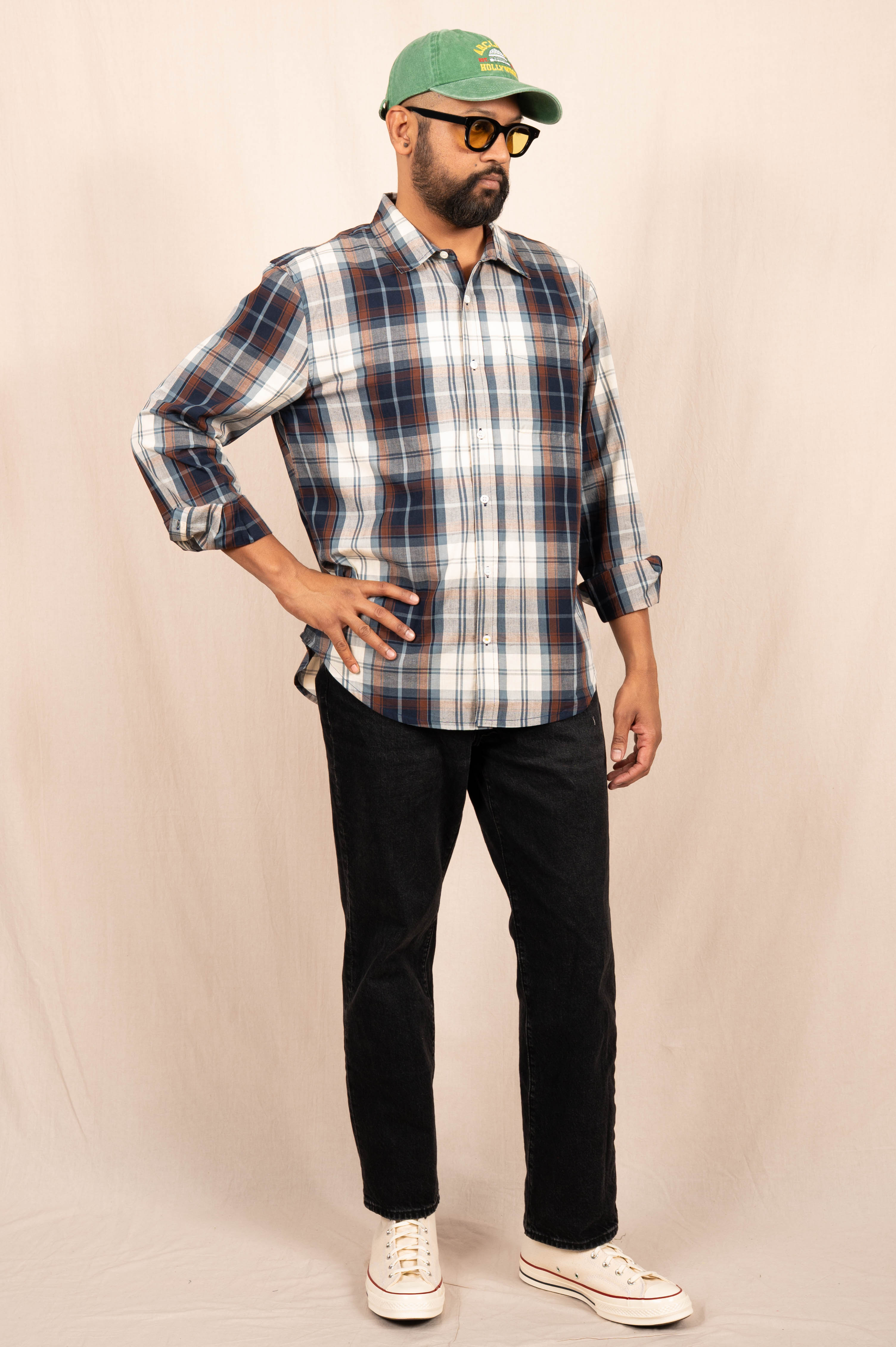 'The Brady' Long Sleeve Shirt in Brown and White Madras Checks