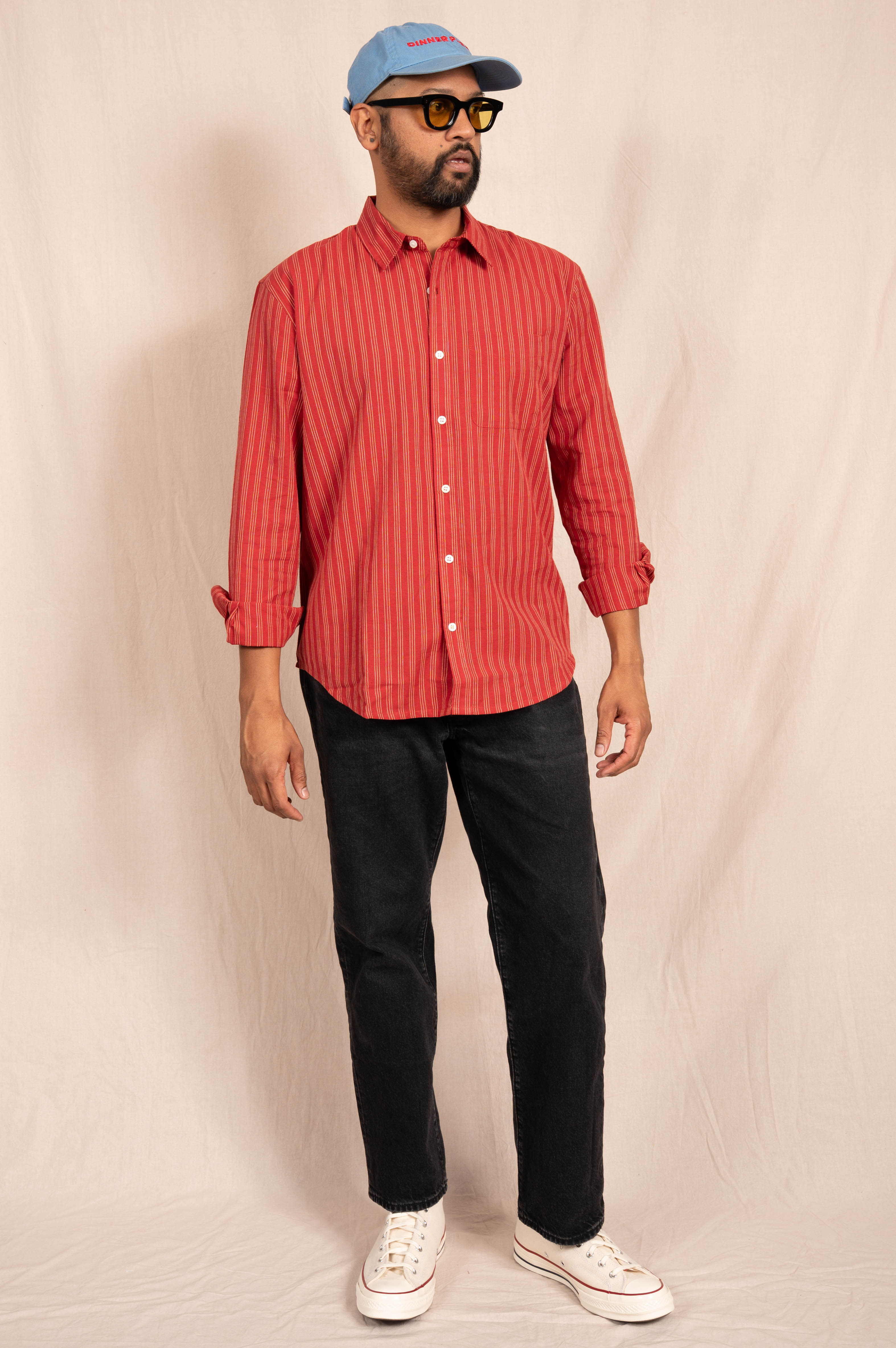'The Brady' Long Sleeve Shirt in Red and White Triple Stripe
