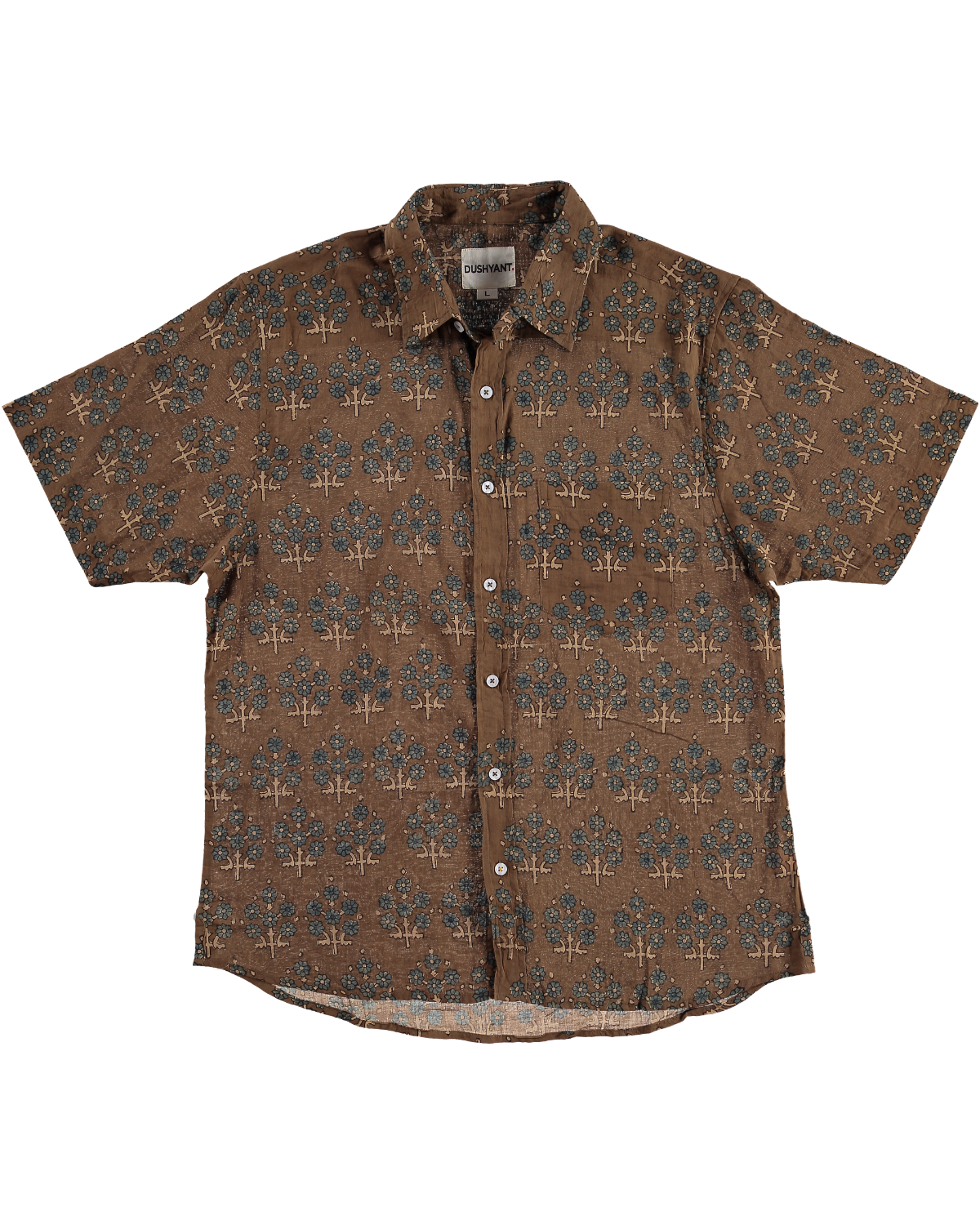 Hand Printed 'The Folk' Short Sleeve Shirt in Olive and Blue Leaf