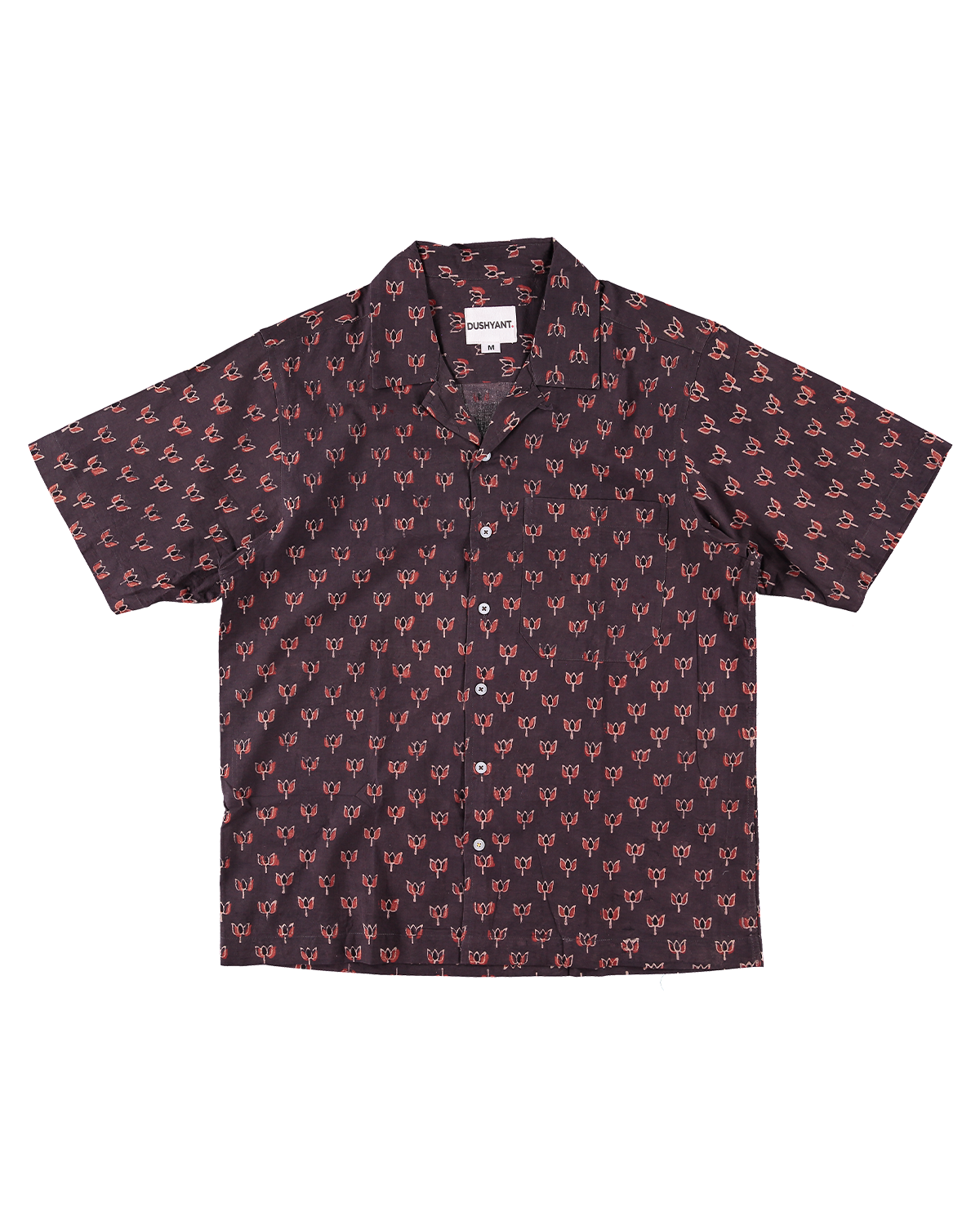 Hand Block Printed 'The Don' Camp Collar Shirt in Dark Chocolate Brown Lotus Print